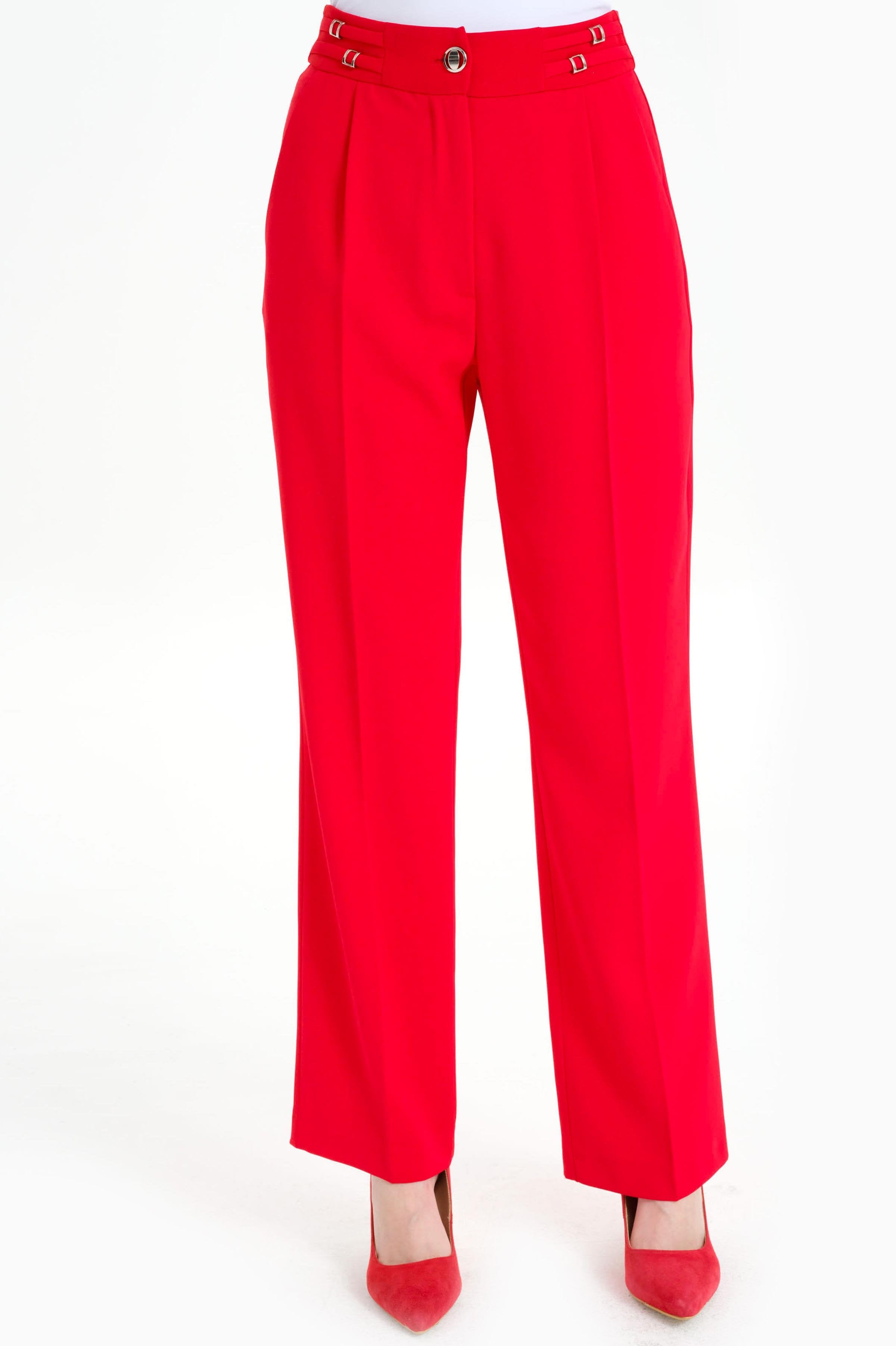 Kemer Detaylı Pantolon - Kırmızı TUGBA