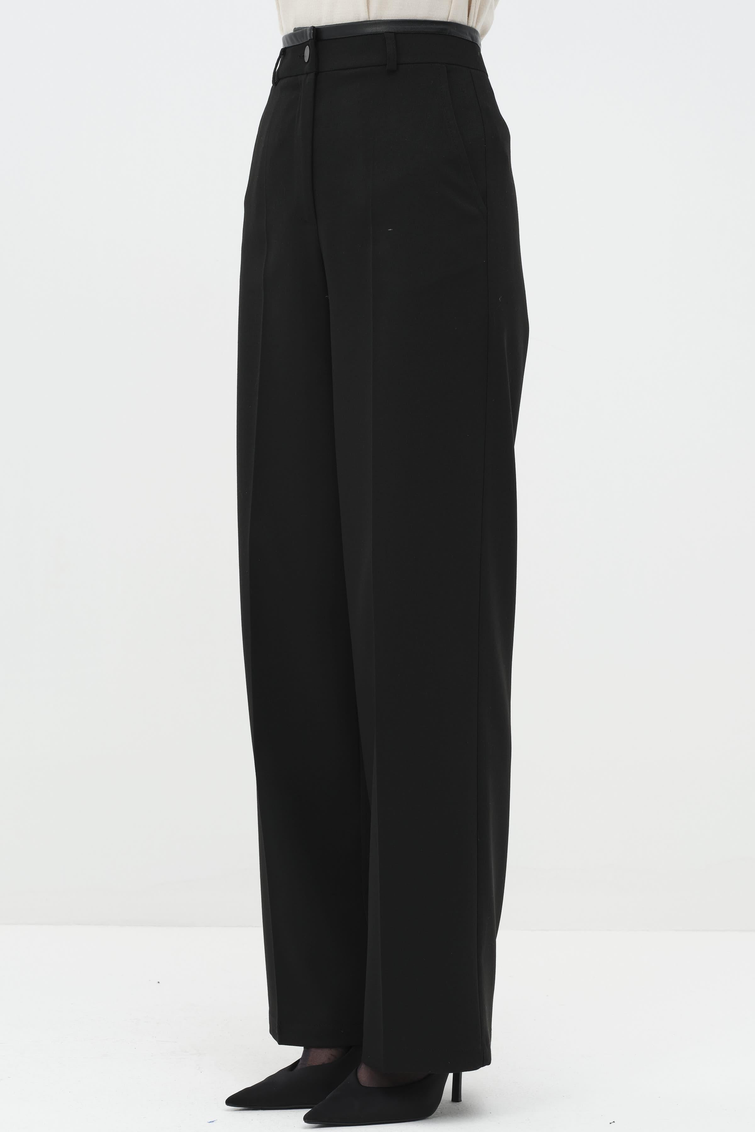 Kemeri Deri Garnili Pantolon - Siyah TUGBA