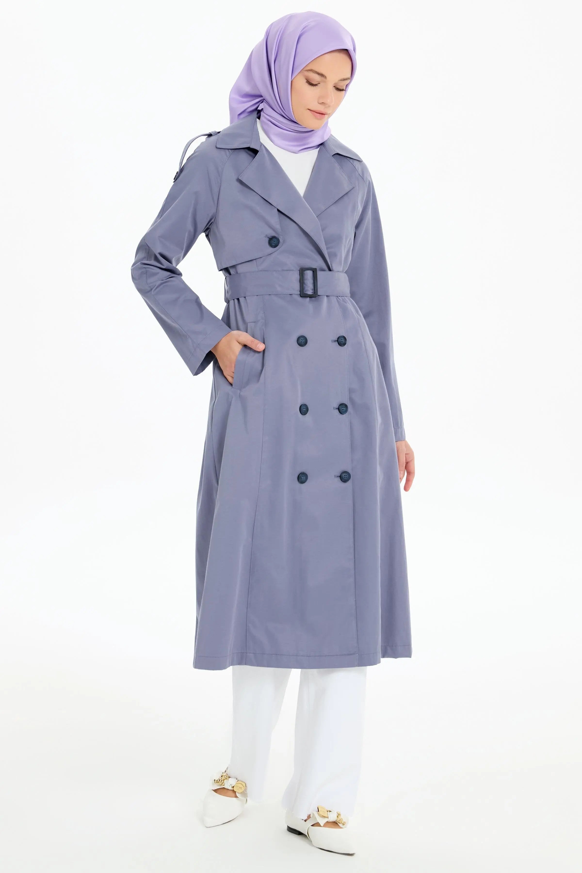 Kemerli Apoletli Trençkot - İndigo TUGBA