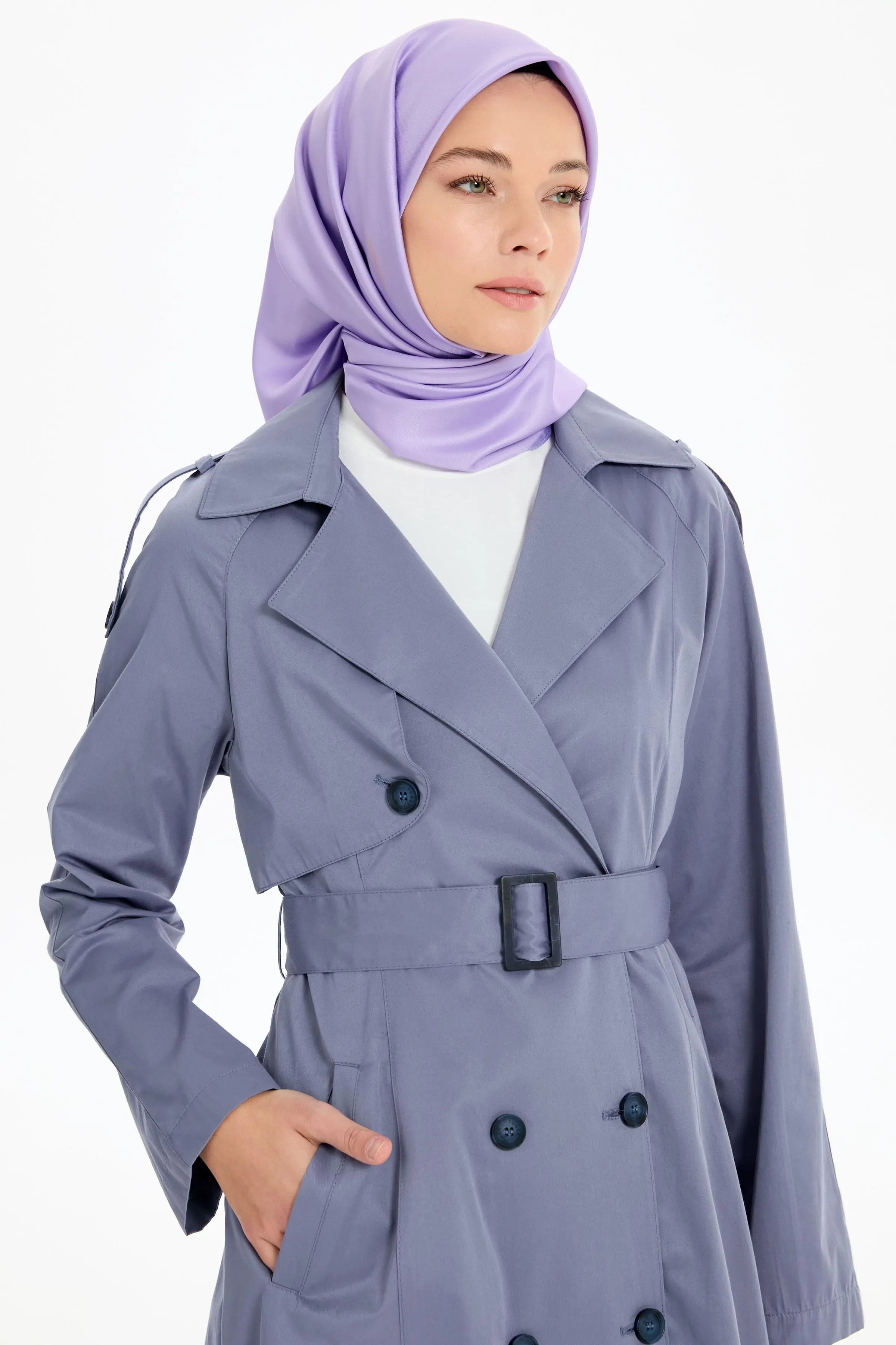 Kemerli Apoletli Trençkot - İndigo TUGBA