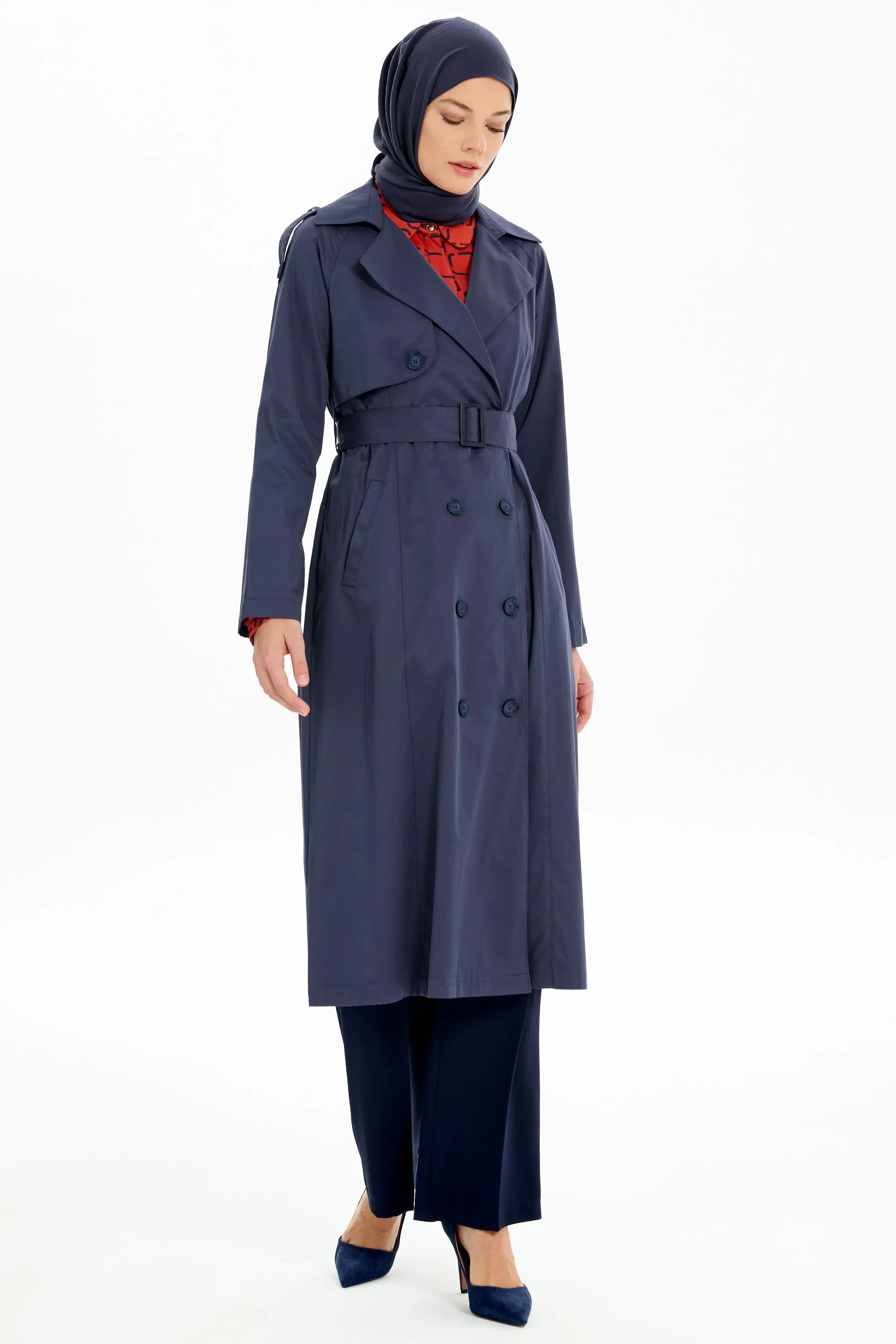 Kemerli Apoletli Trençkot - Lacivert TUGBA