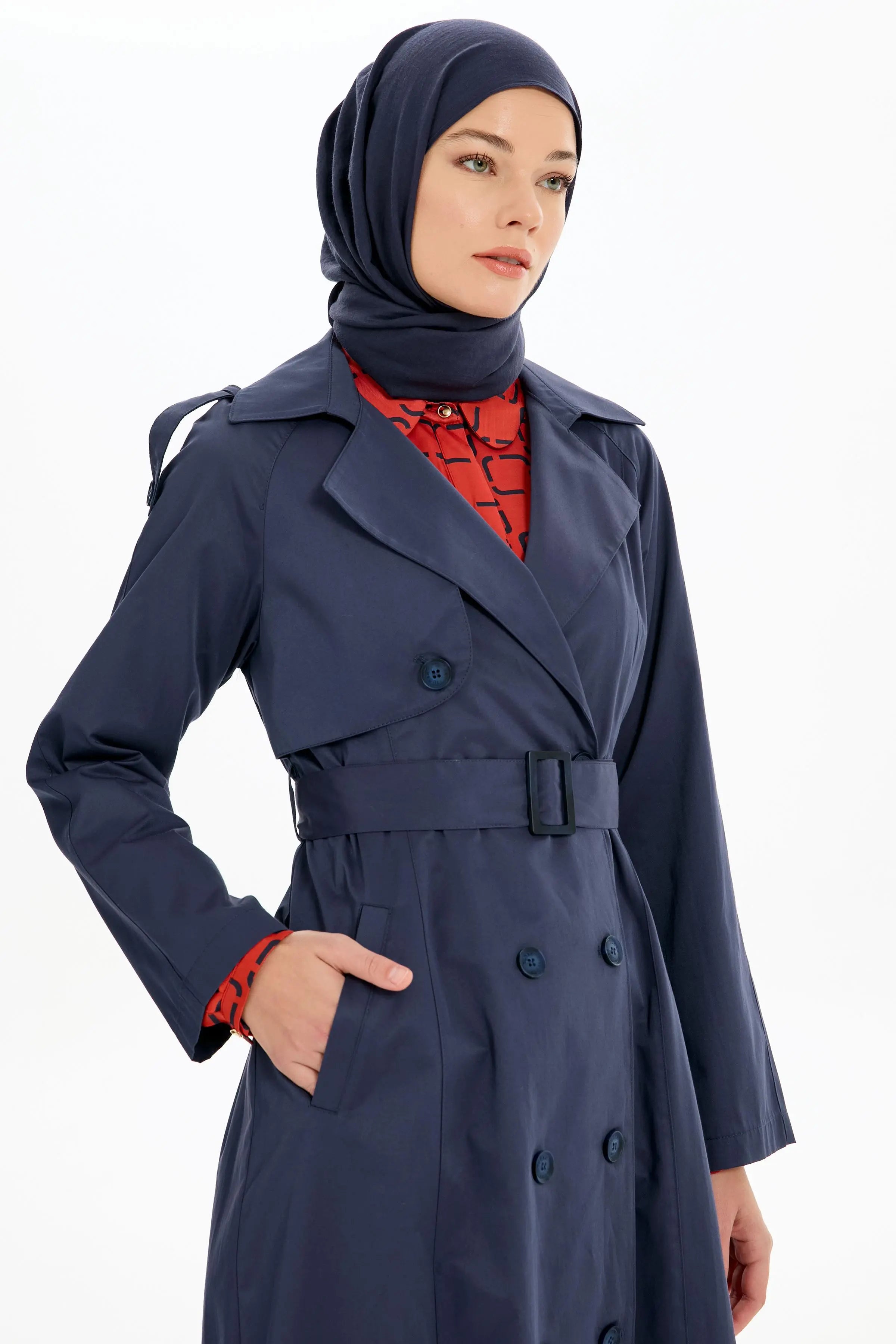 Kemerli Apoletli Trençkot - Lacivert TUGBA