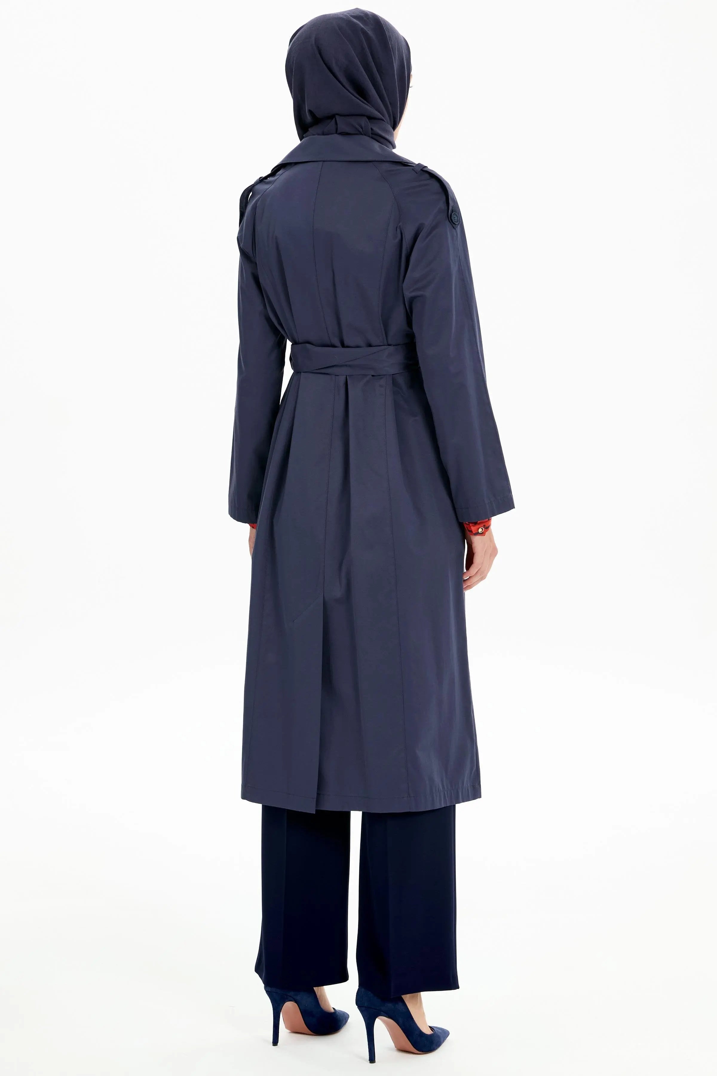 Kemerli Apoletli Trençkot - Lacivert TUGBA