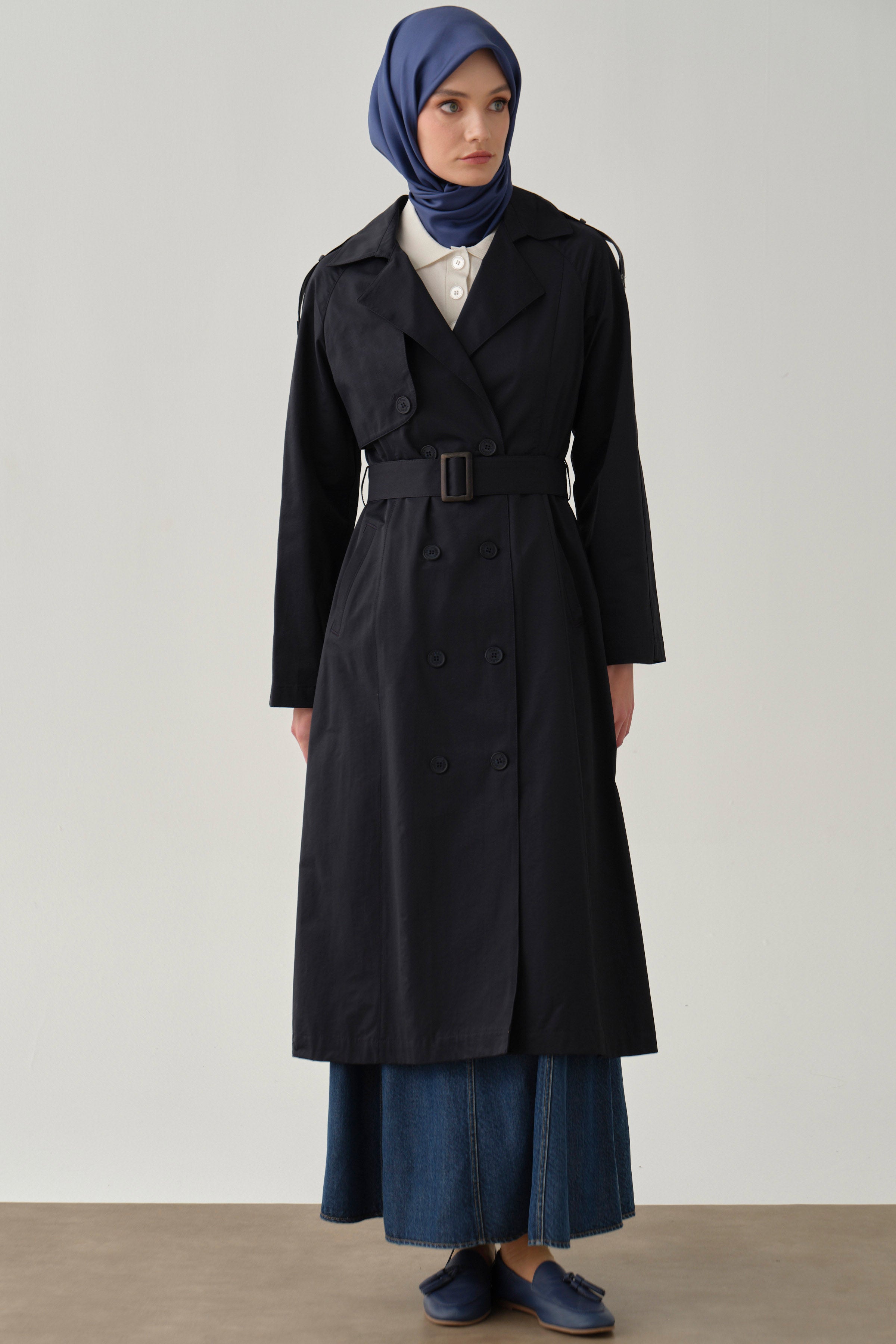 Kemerli Apoletli Trençkot - Lacivert TUGBA