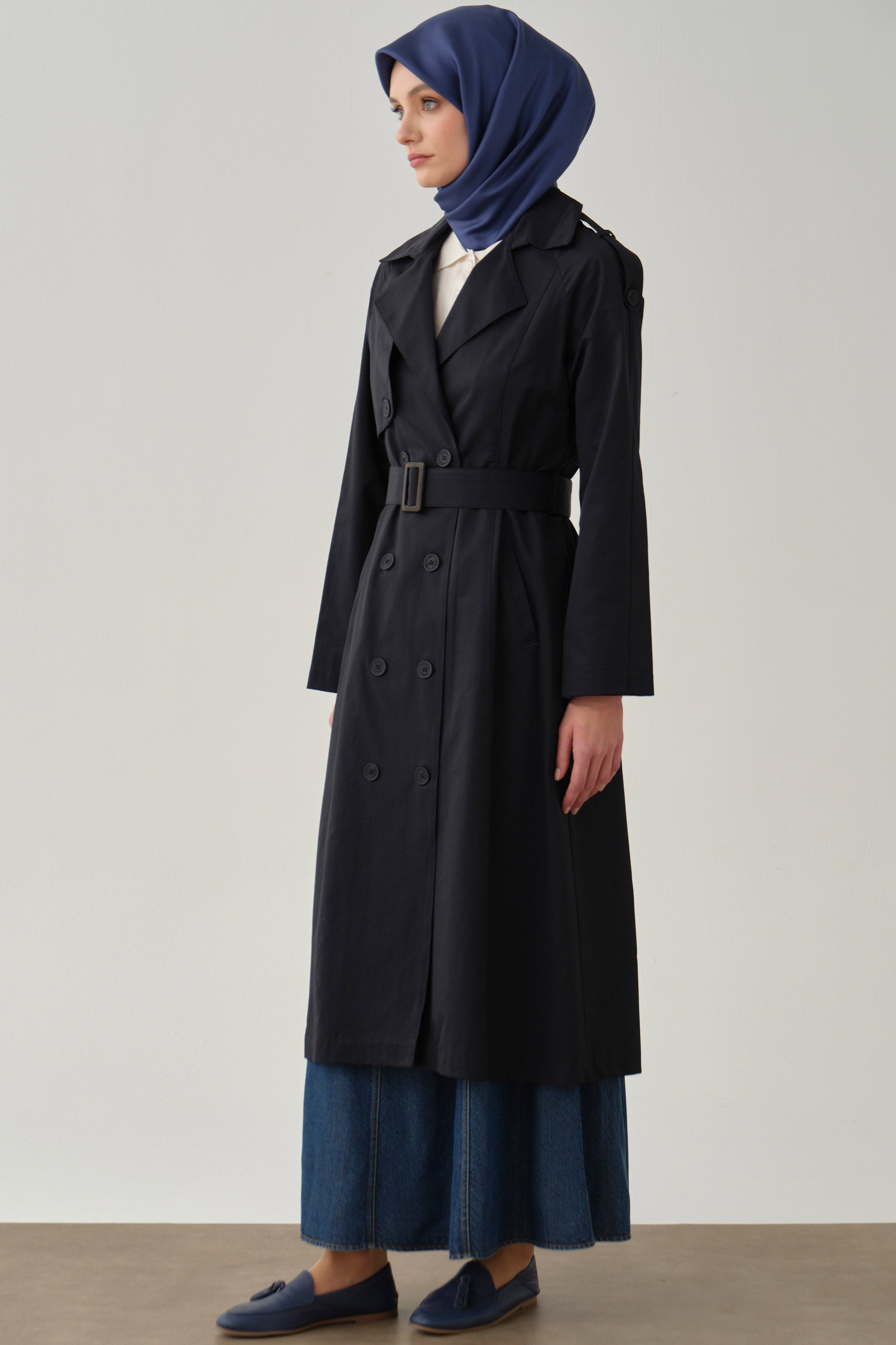 Kemerli Apoletli Trençkot - Lacivert TUGBA