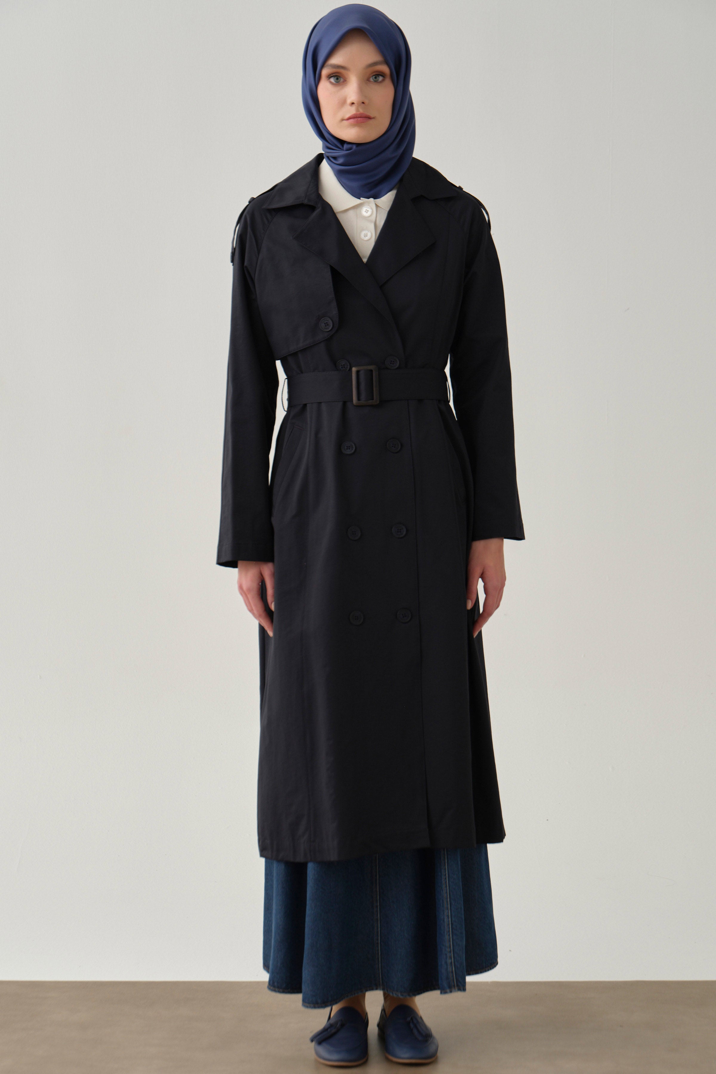 Kemerli Apoletli Trençkot - Lacivert TUGBA