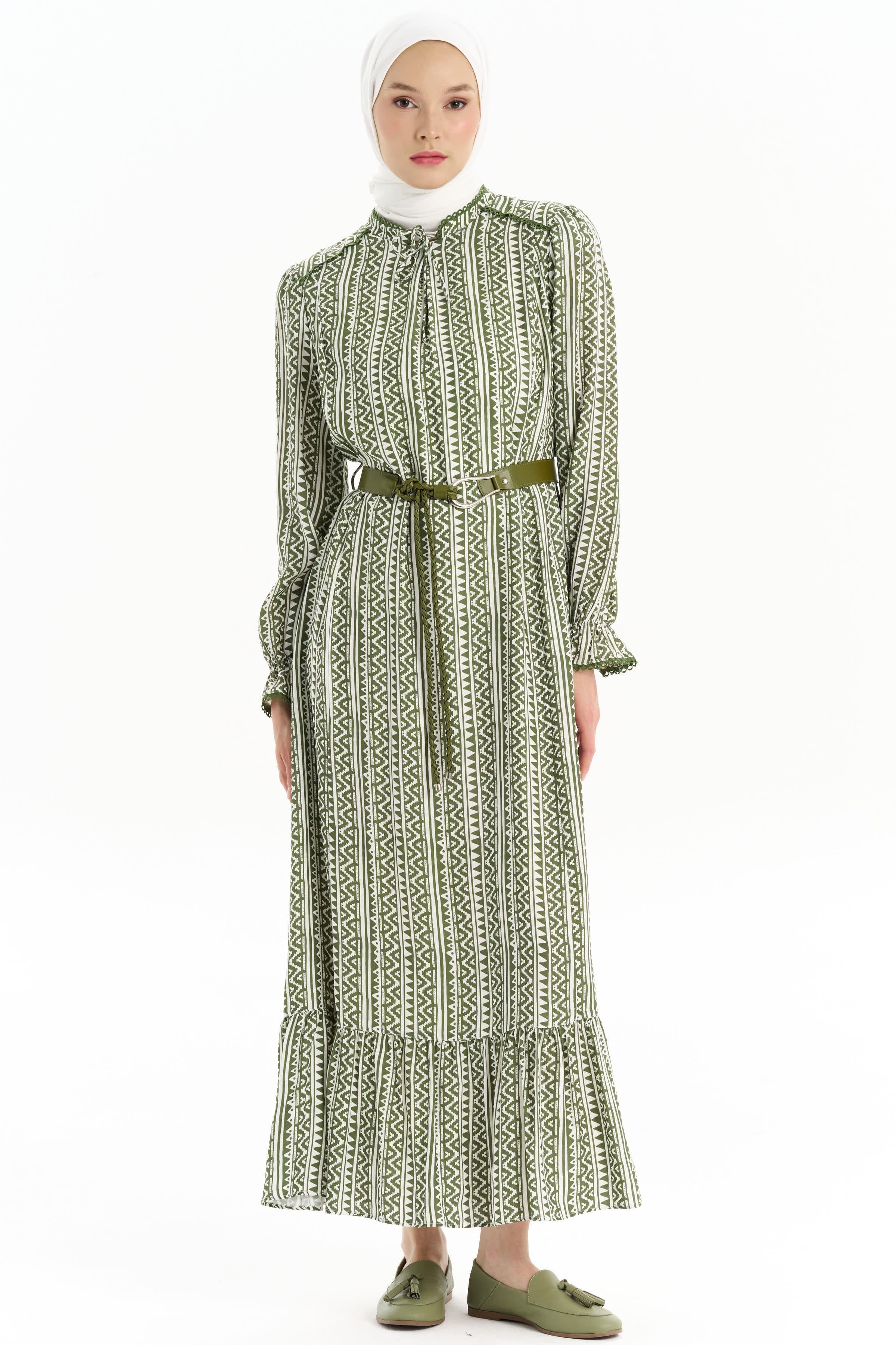 Kemerli Büzgü Detaylı Desenli Elbise - Haki TUGBA