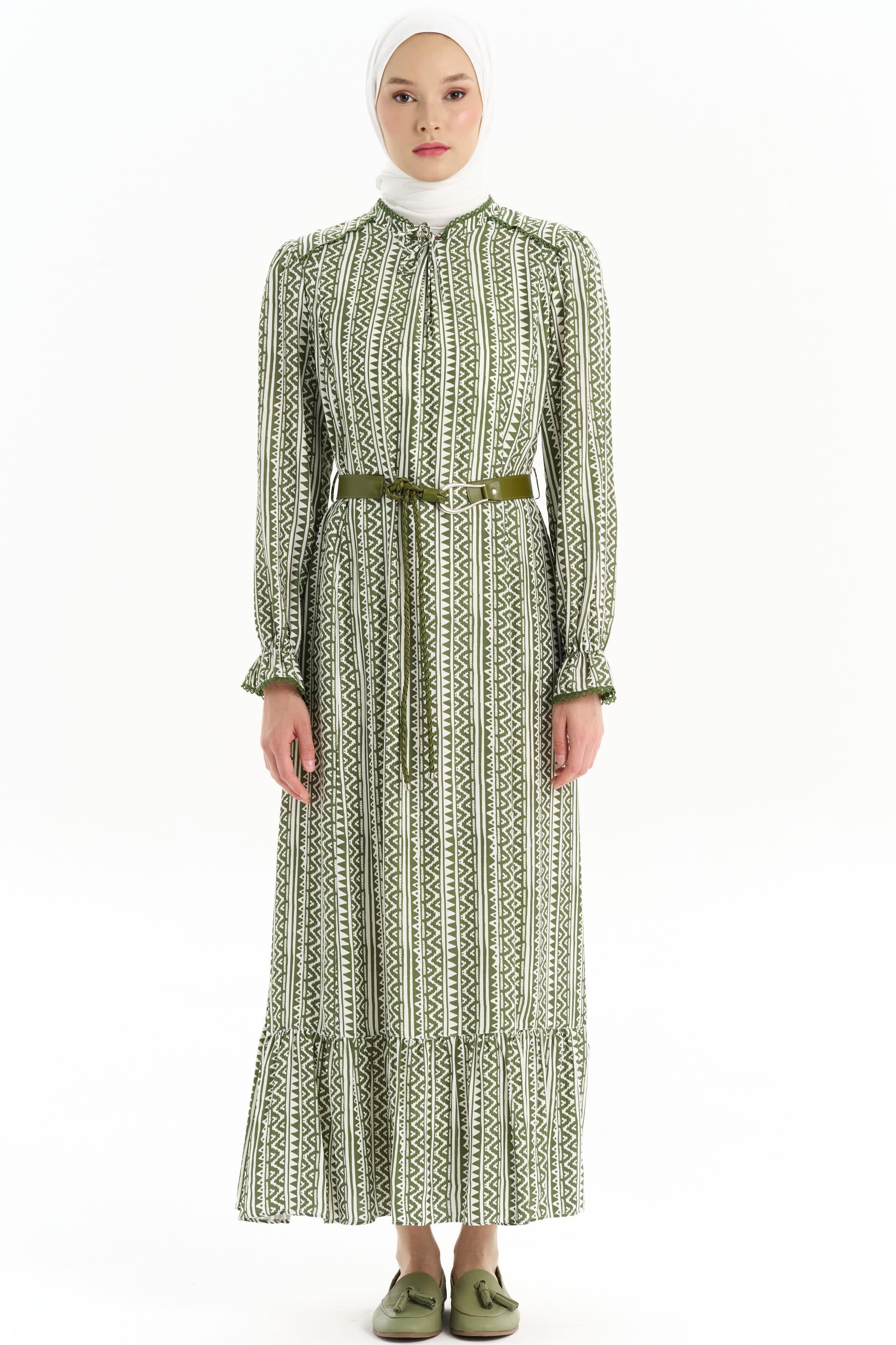 Kemerli Büzgü Detaylı Desenli Elbise - Haki TUGBA