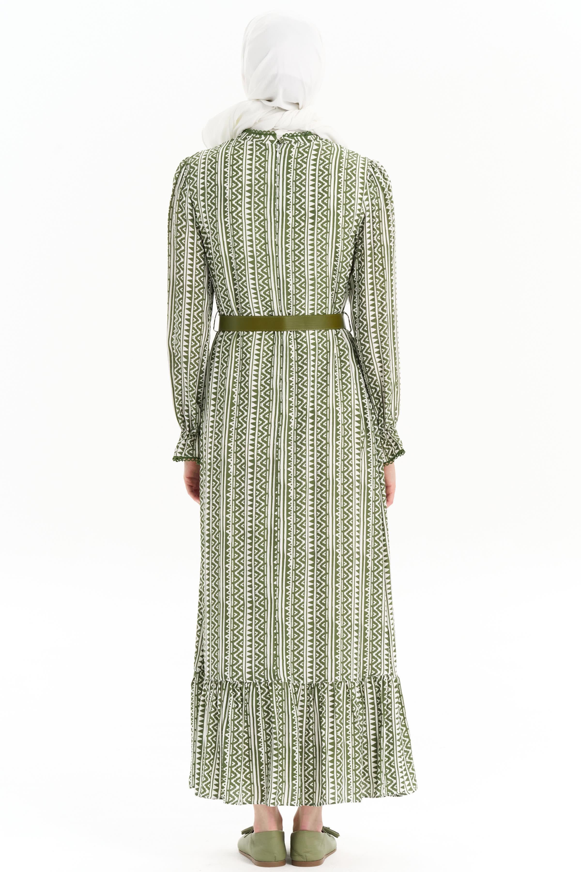 Kemerli Büzgü Detaylı Desenli Elbise - Haki TUGBA