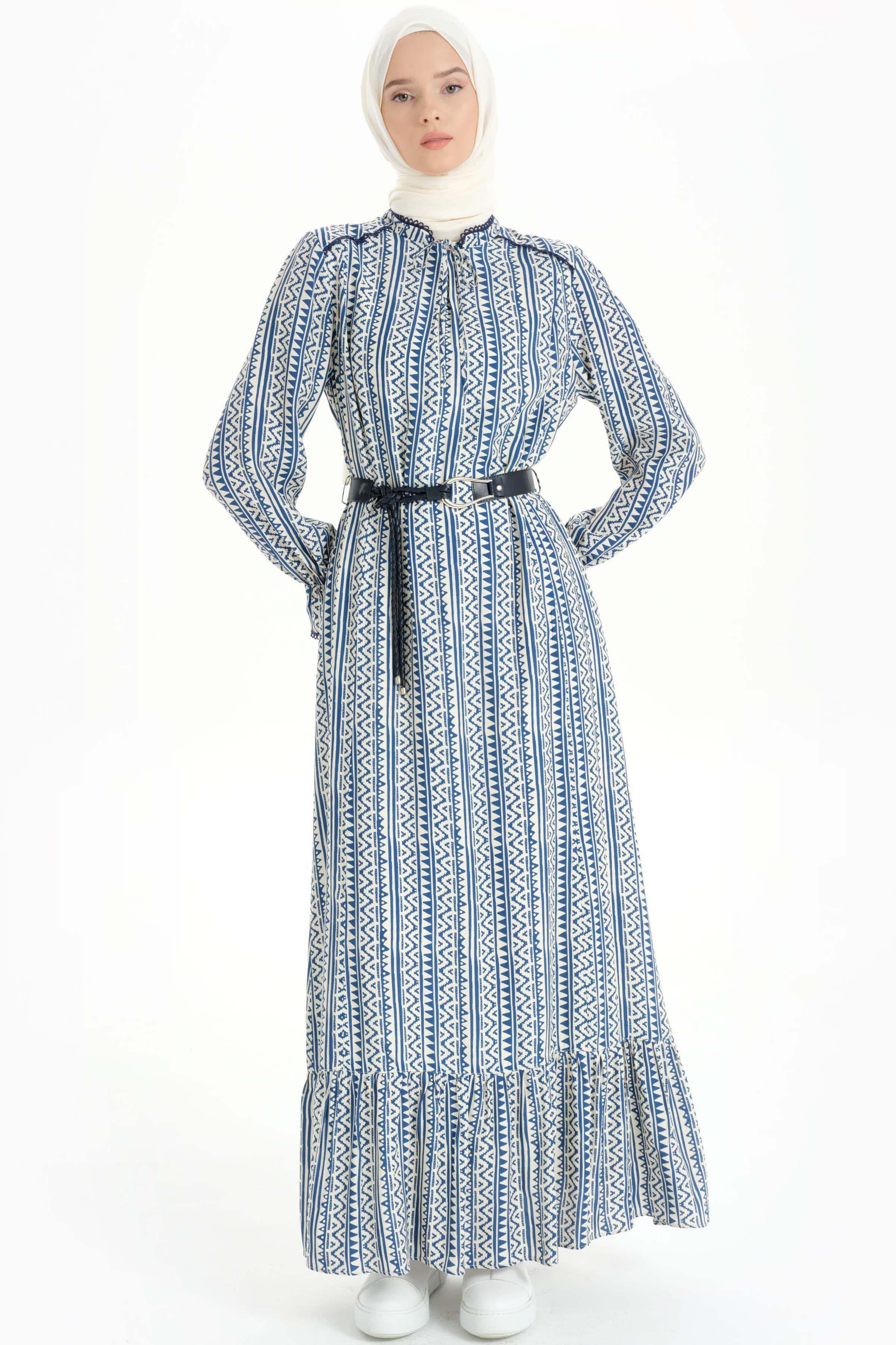 Kemerli Büzgü Detaylı Desenli Elbise - İndigo TUGBA