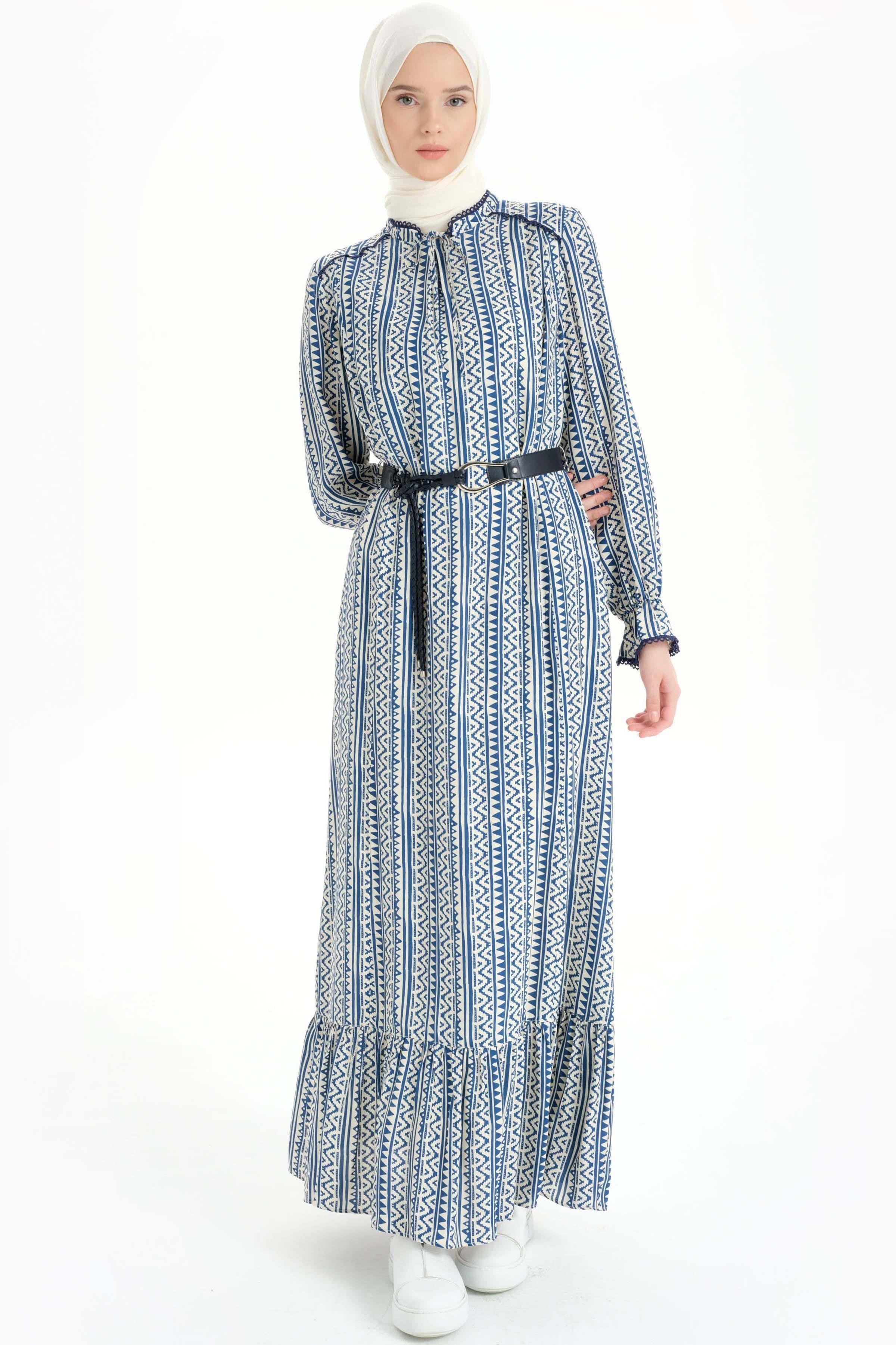 Kemerli Büzgü Detaylı Desenli Elbise - İndigo TUGBA