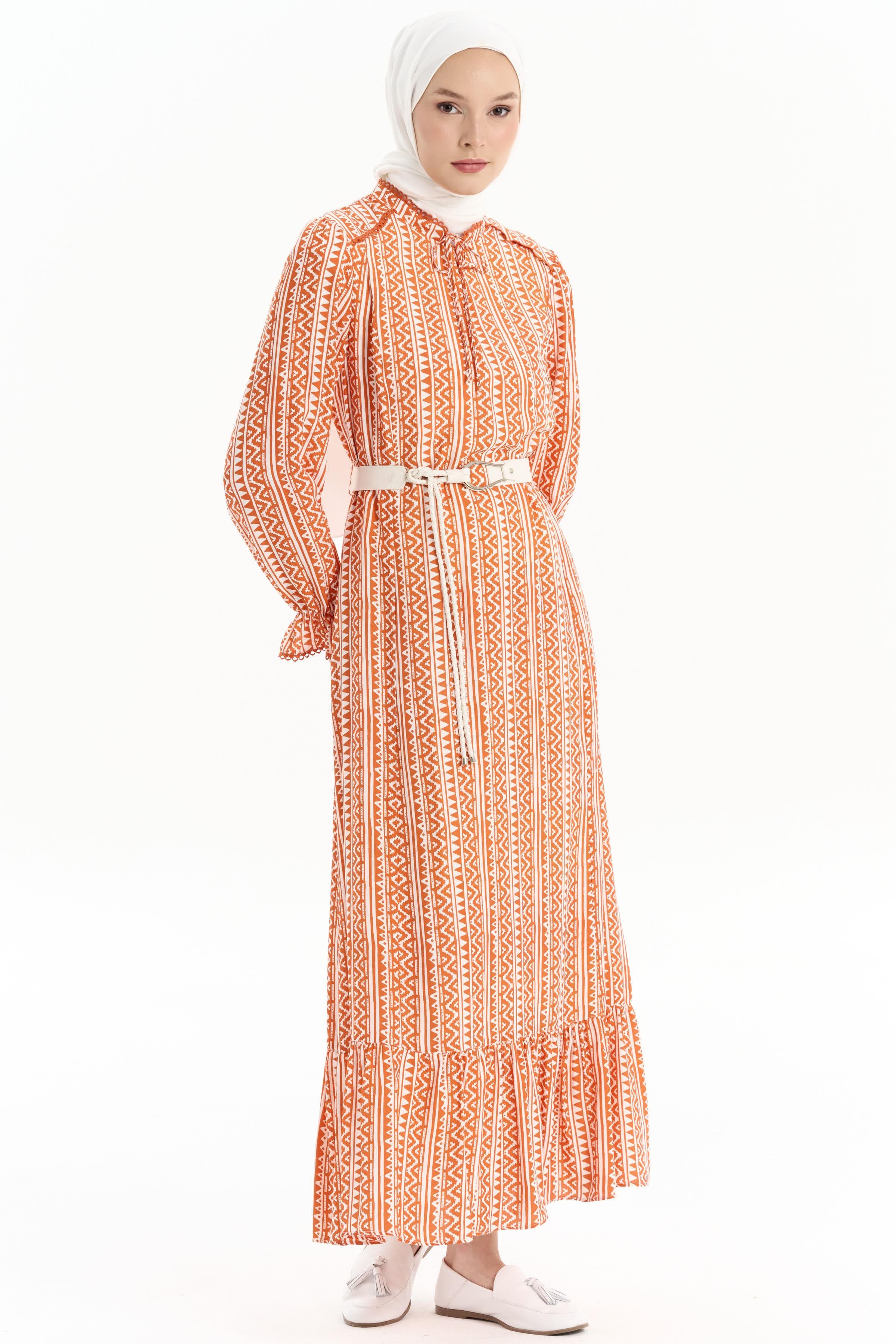 Kemerli Büzgü Detaylı Desenli Elbise - Kiremit TUGBA