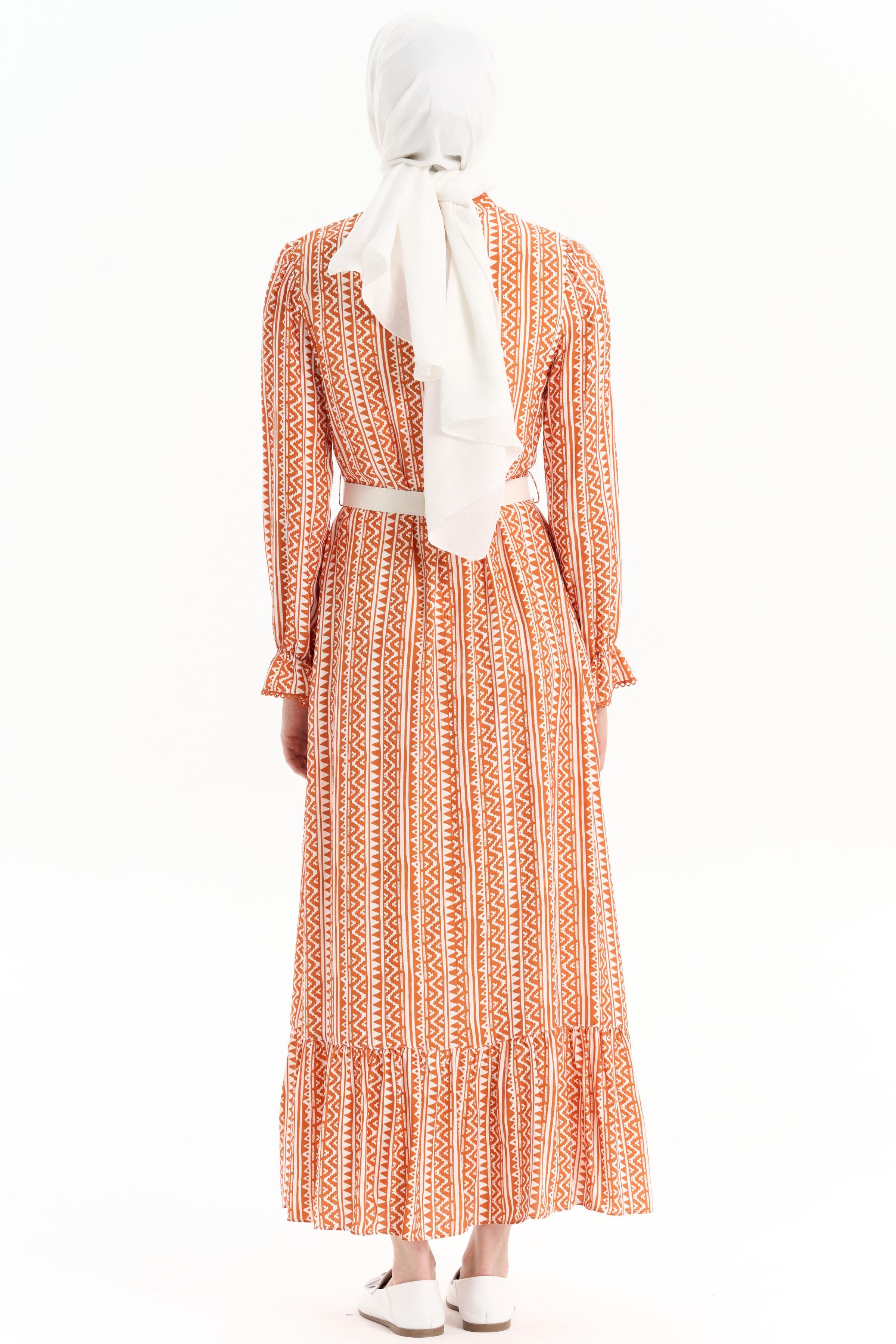 Kemerli Büzgü Detaylı Desenli Elbise - Kiremit TUGBA