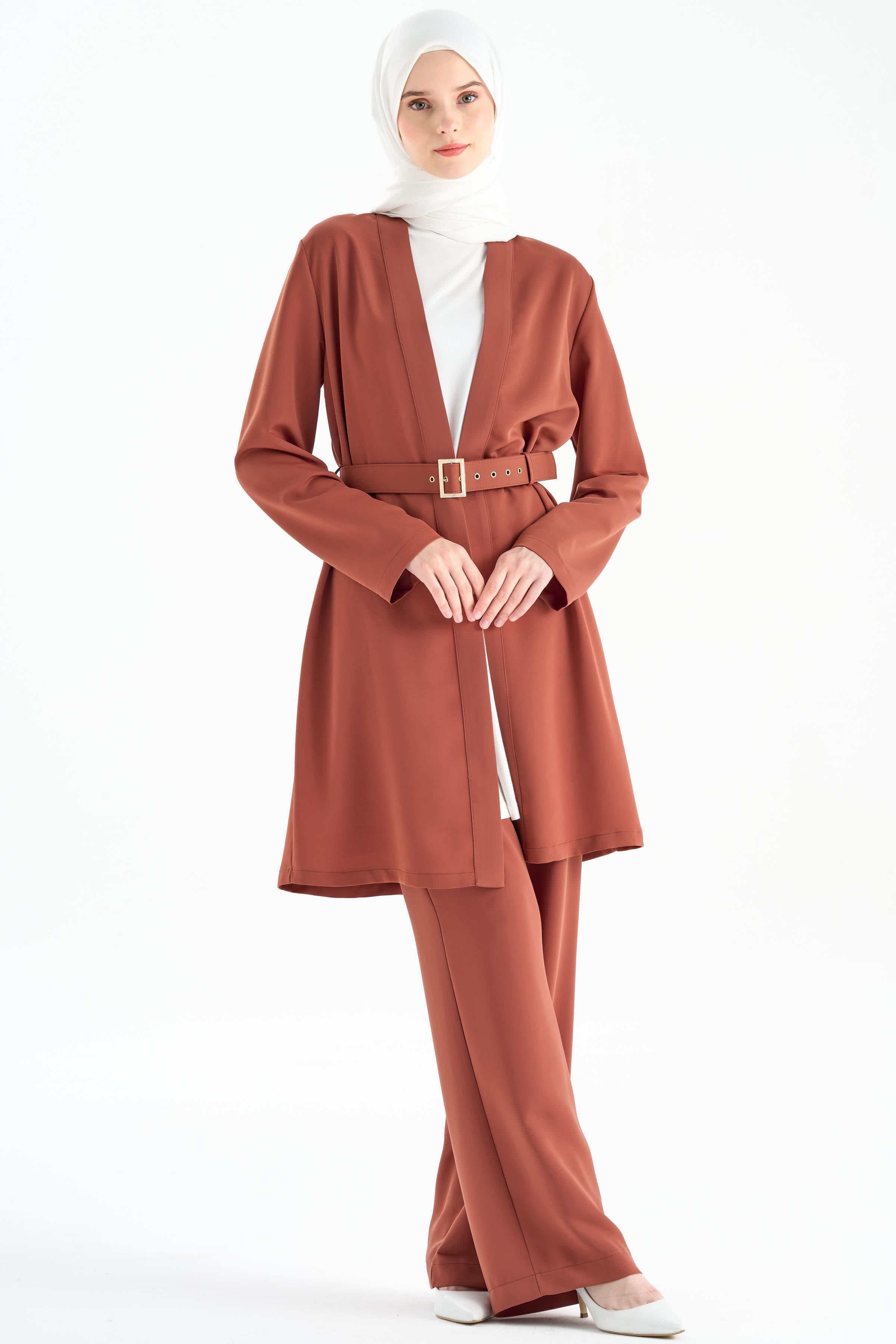 Kemerli Ceket Pantolon Takım - Açık Kahve TUGBA