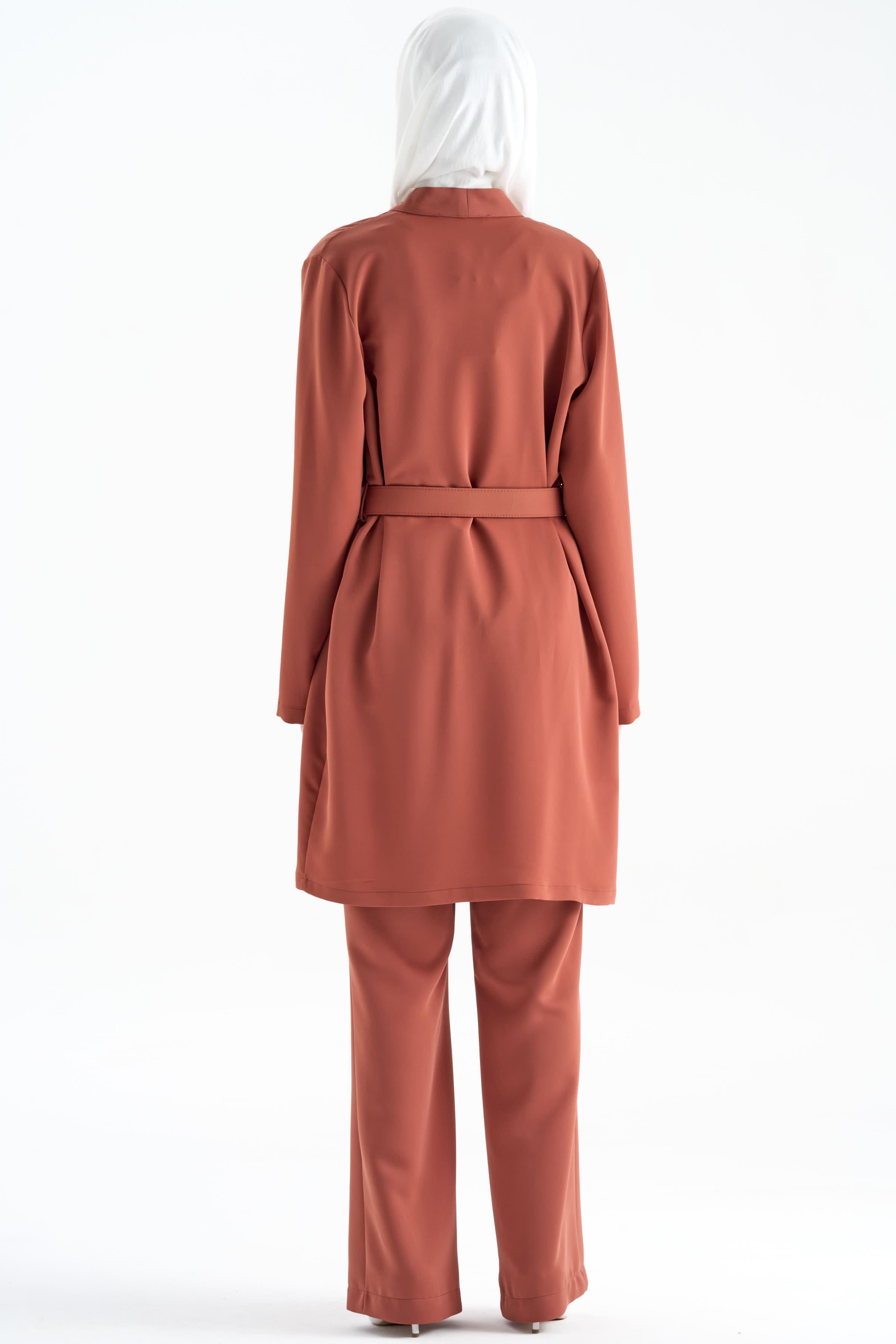 Kemerli Ceket Pantolon Takım - Açık Kahve TUGBA