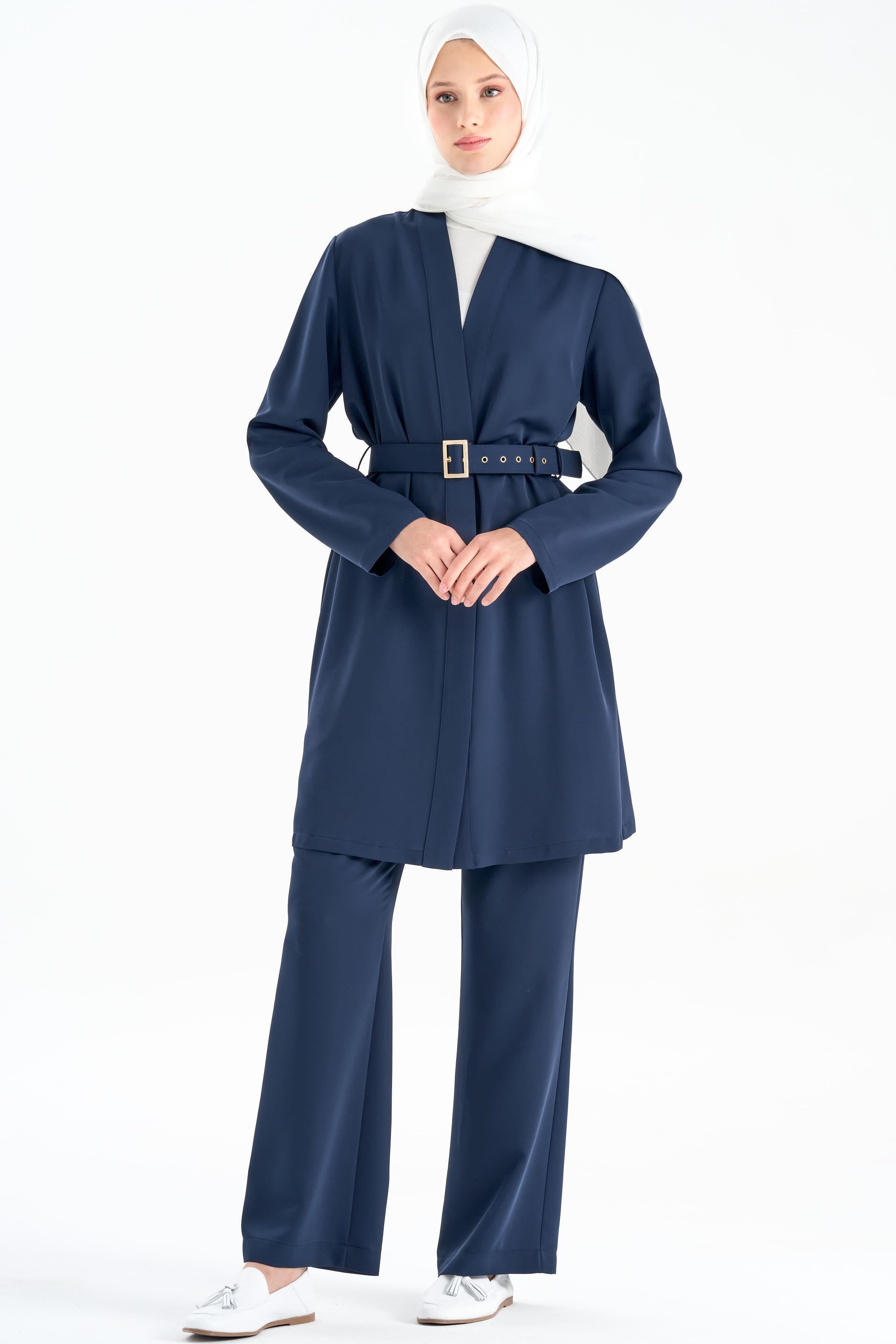 Kemerli Ceket Pantolon Takım - Lacivert TUGBA