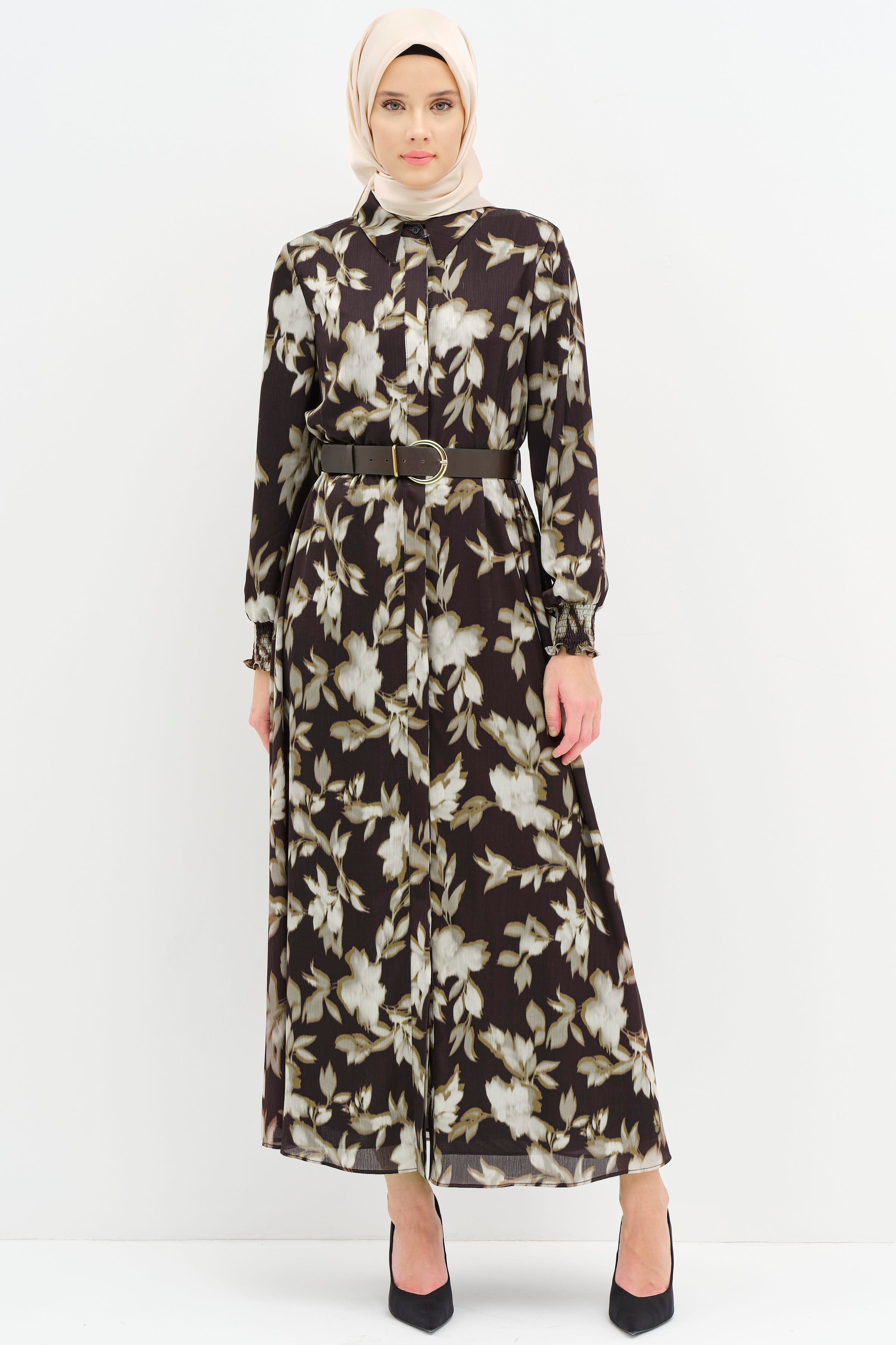 Kemerli Desenli Elbise - Olive TUGBA