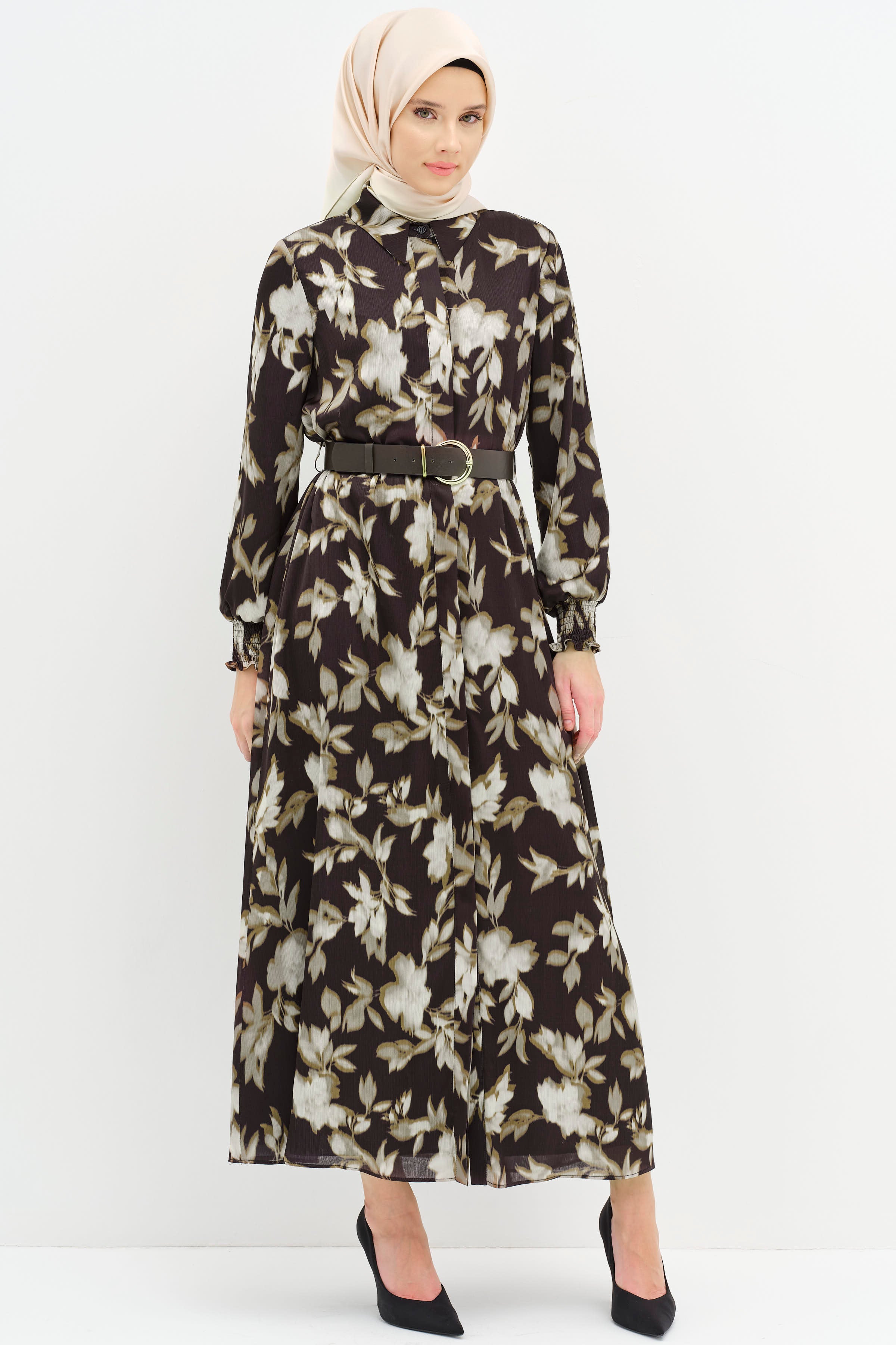 Kemerli Desenli Elbise - Olive TUGBA