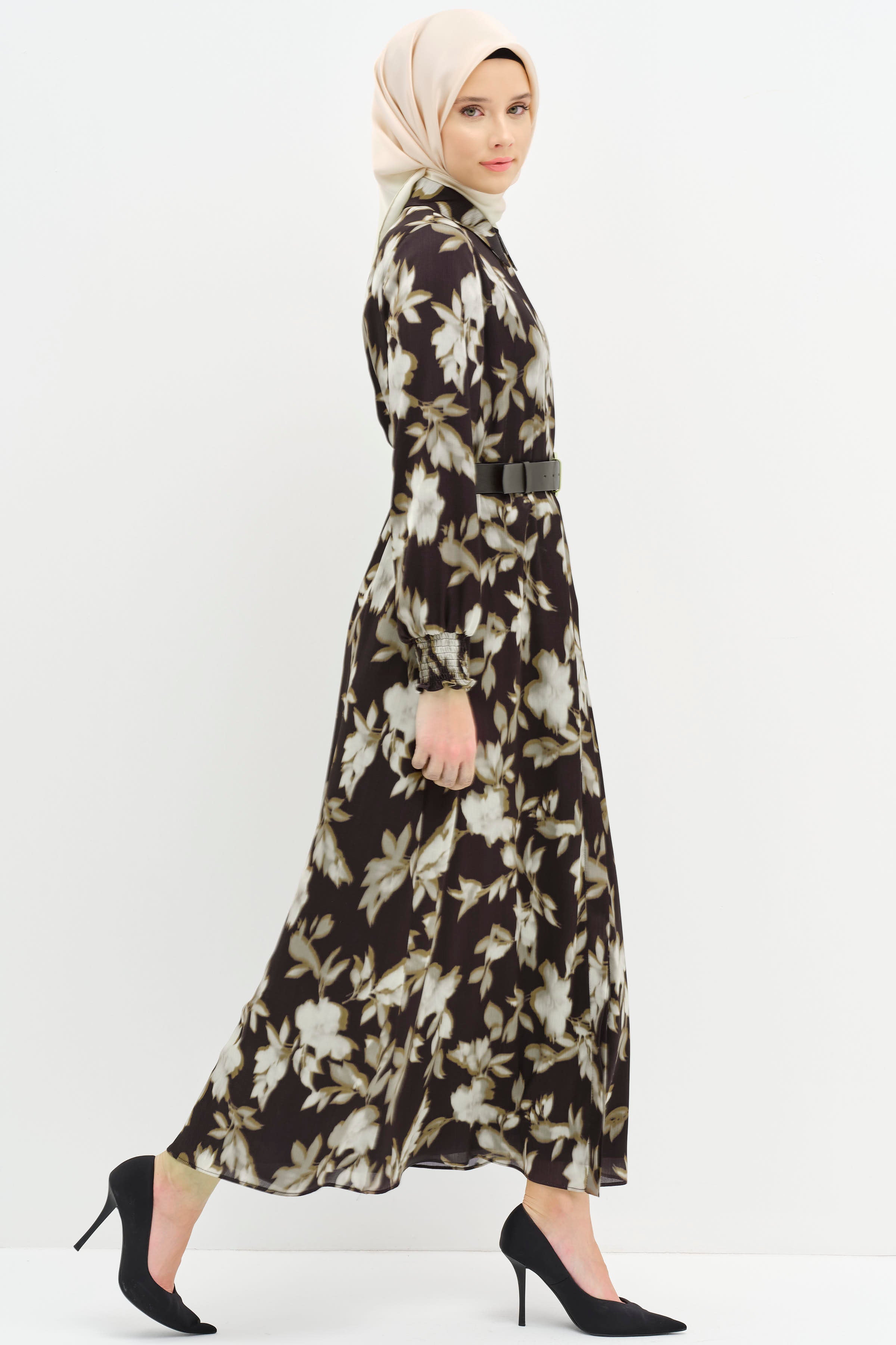 Kemerli Desenli Elbise - Olive TUGBA