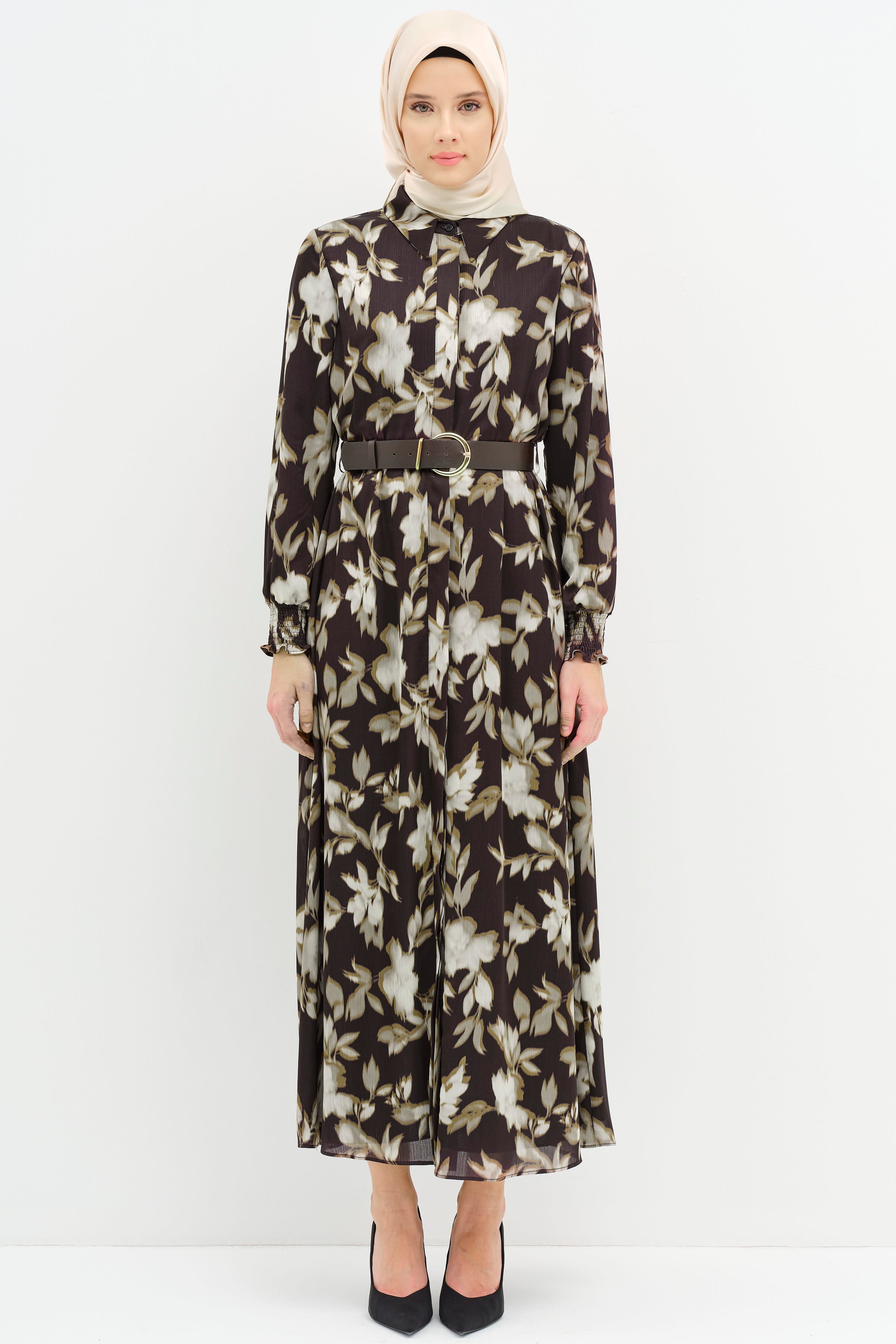 Kemerli Desenli Elbise - Olive TUGBA