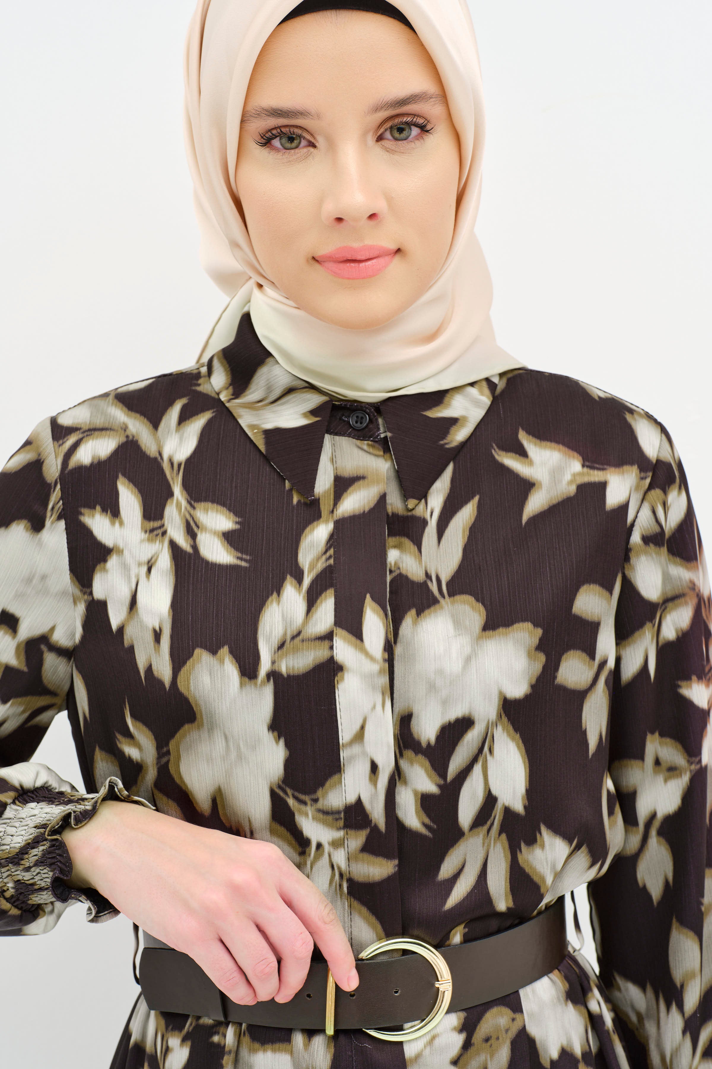 Kemerli Desenli Elbise - Olive TUGBA