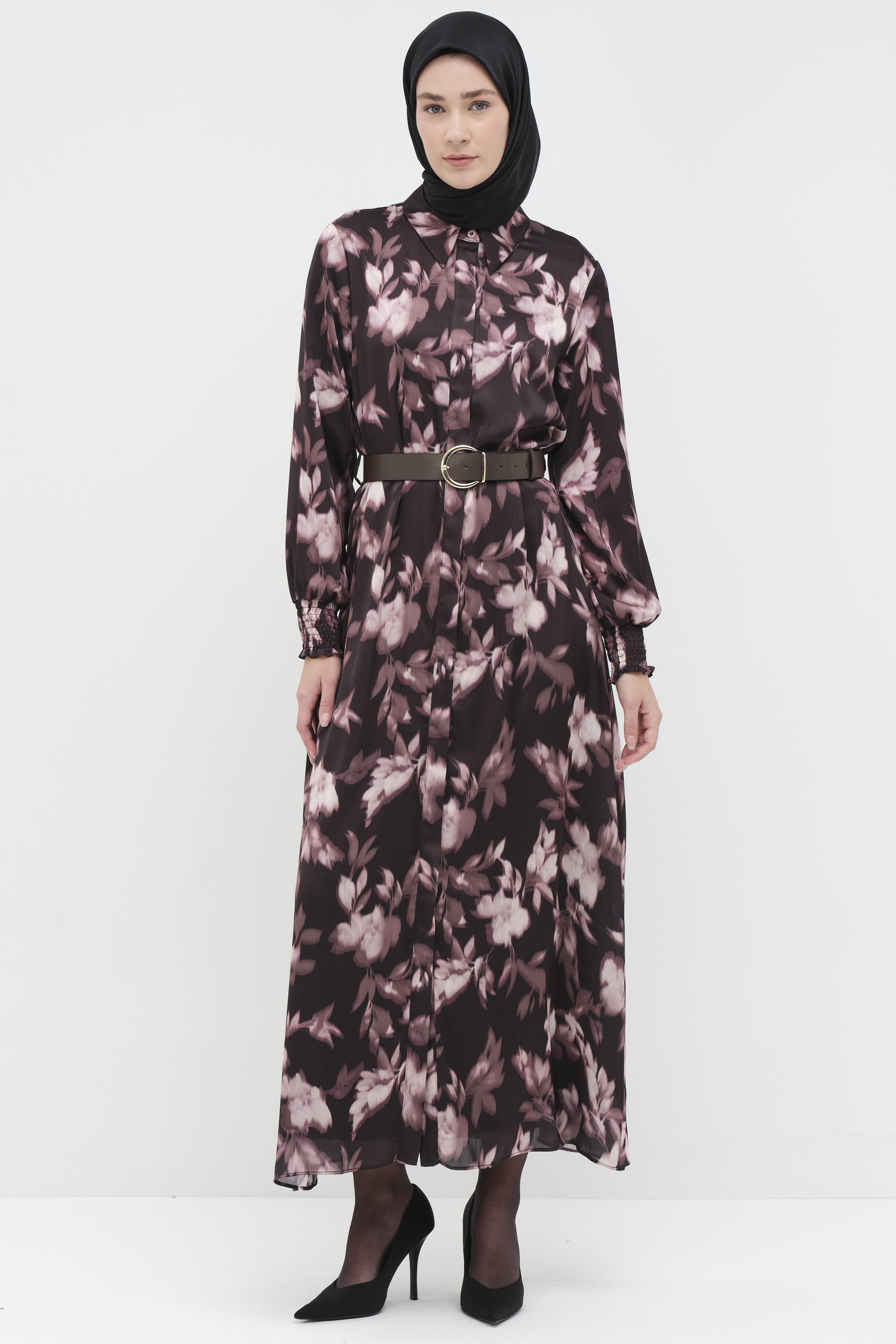 Kemerli Desenli Elbise - Pudra TUGBA