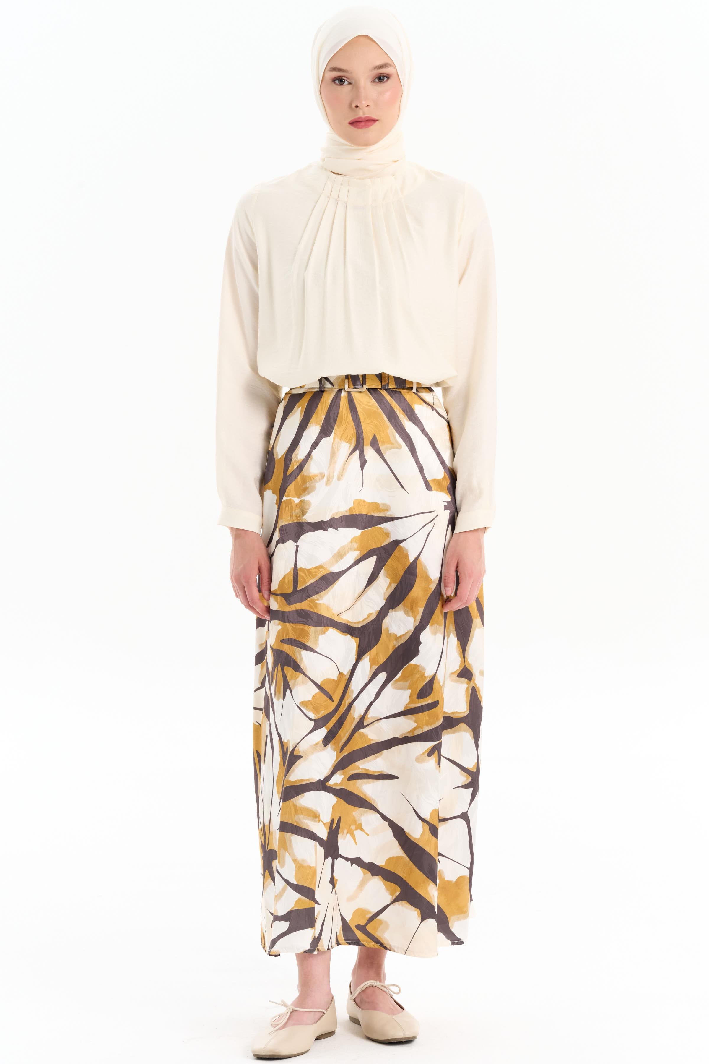 Kemerli Desenli Godeli Etek - Hardal TUGBA