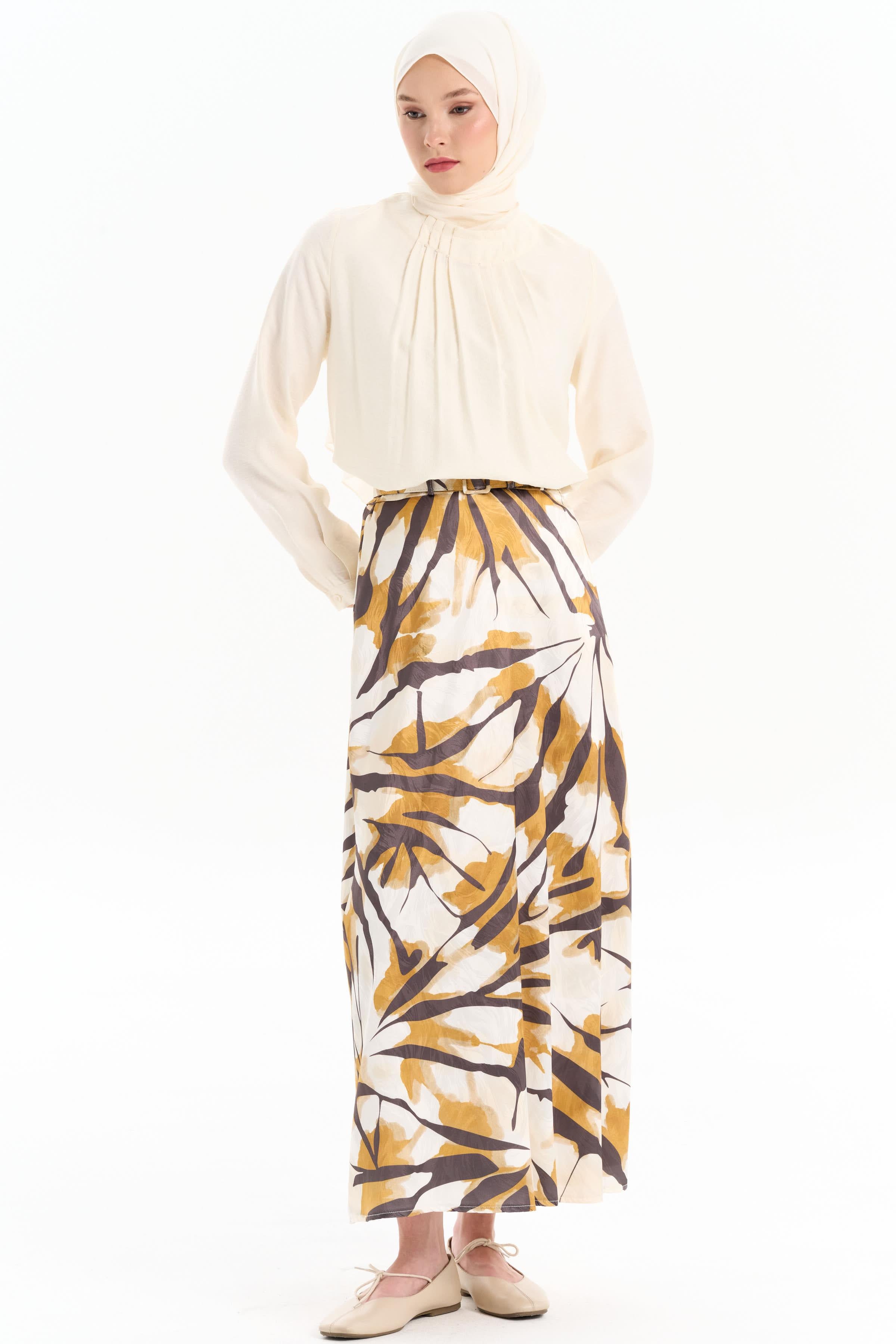 Kemerli Desenli Godeli Etek - Hardal TUGBA