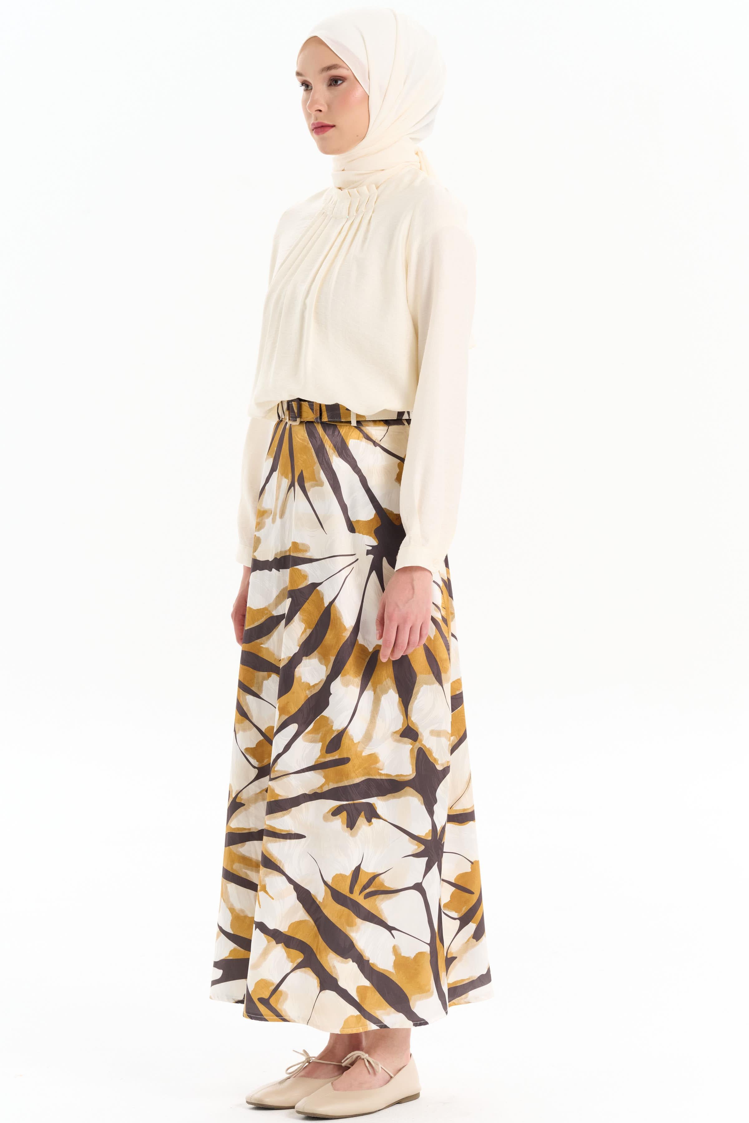 Kemerli Desenli Godeli Etek - Hardal TUGBA