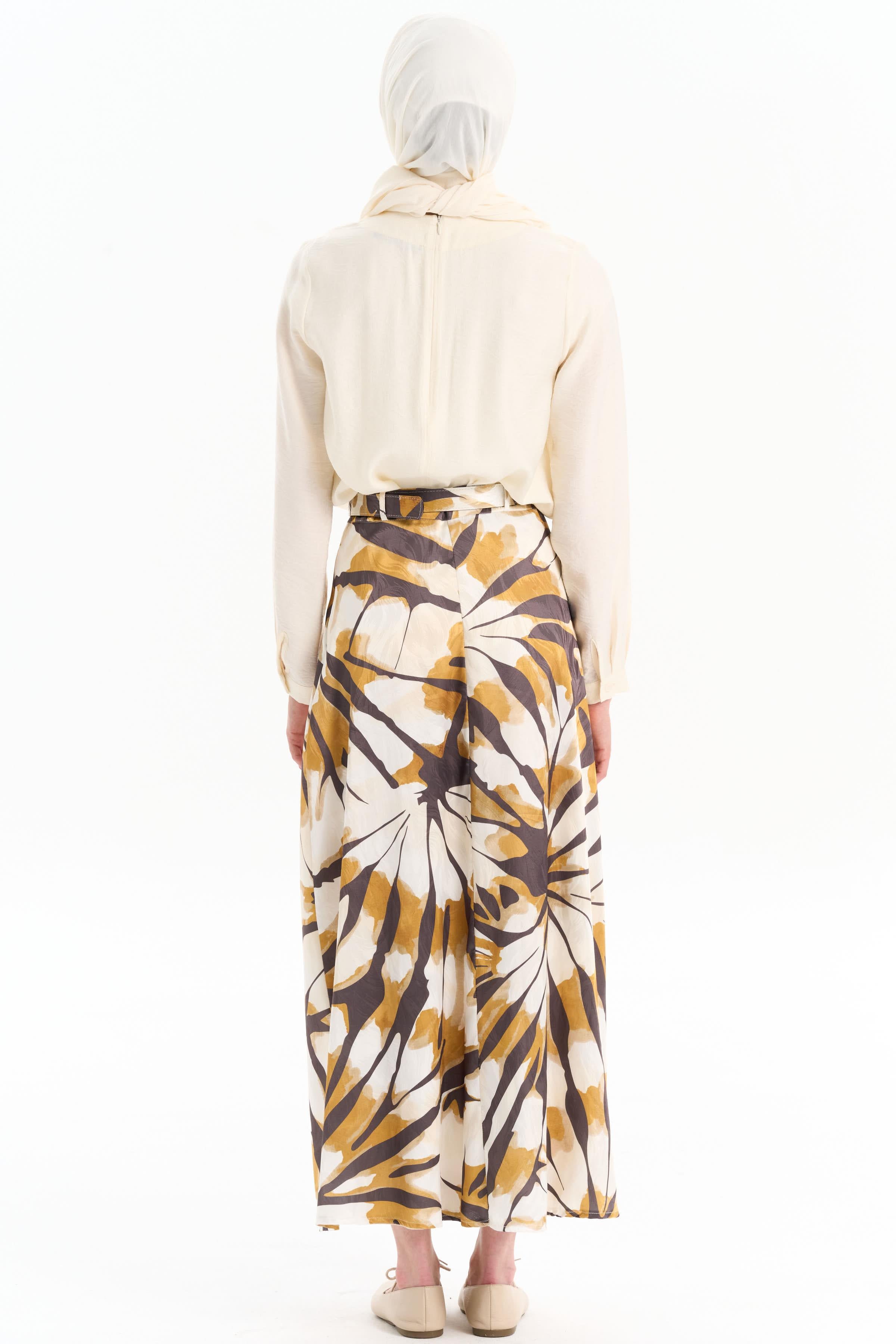 Kemerli Desenli Godeli Etek - Hardal TUGBA