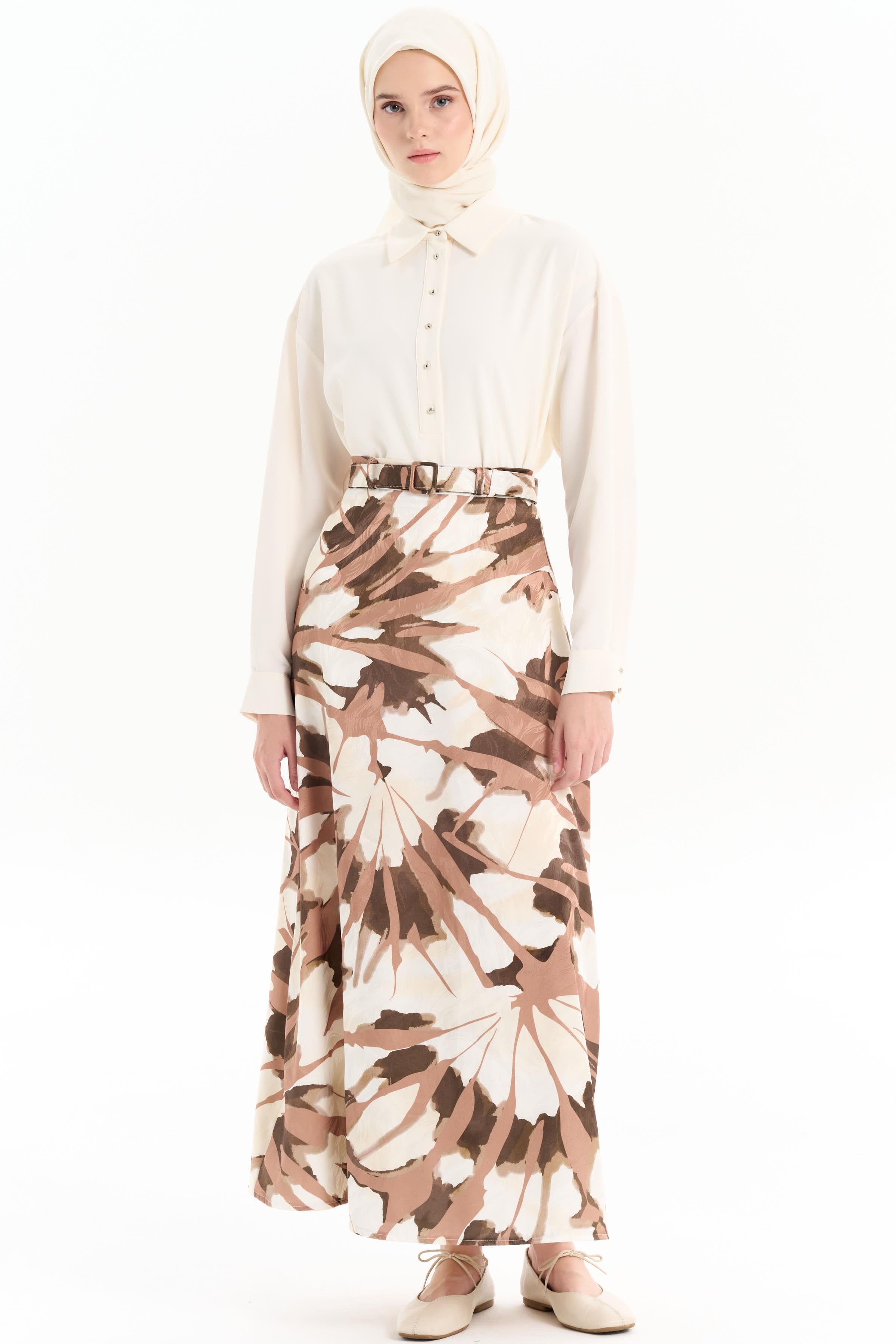 Kemerli Desenli Godeli Etek - Kahve TUGBA