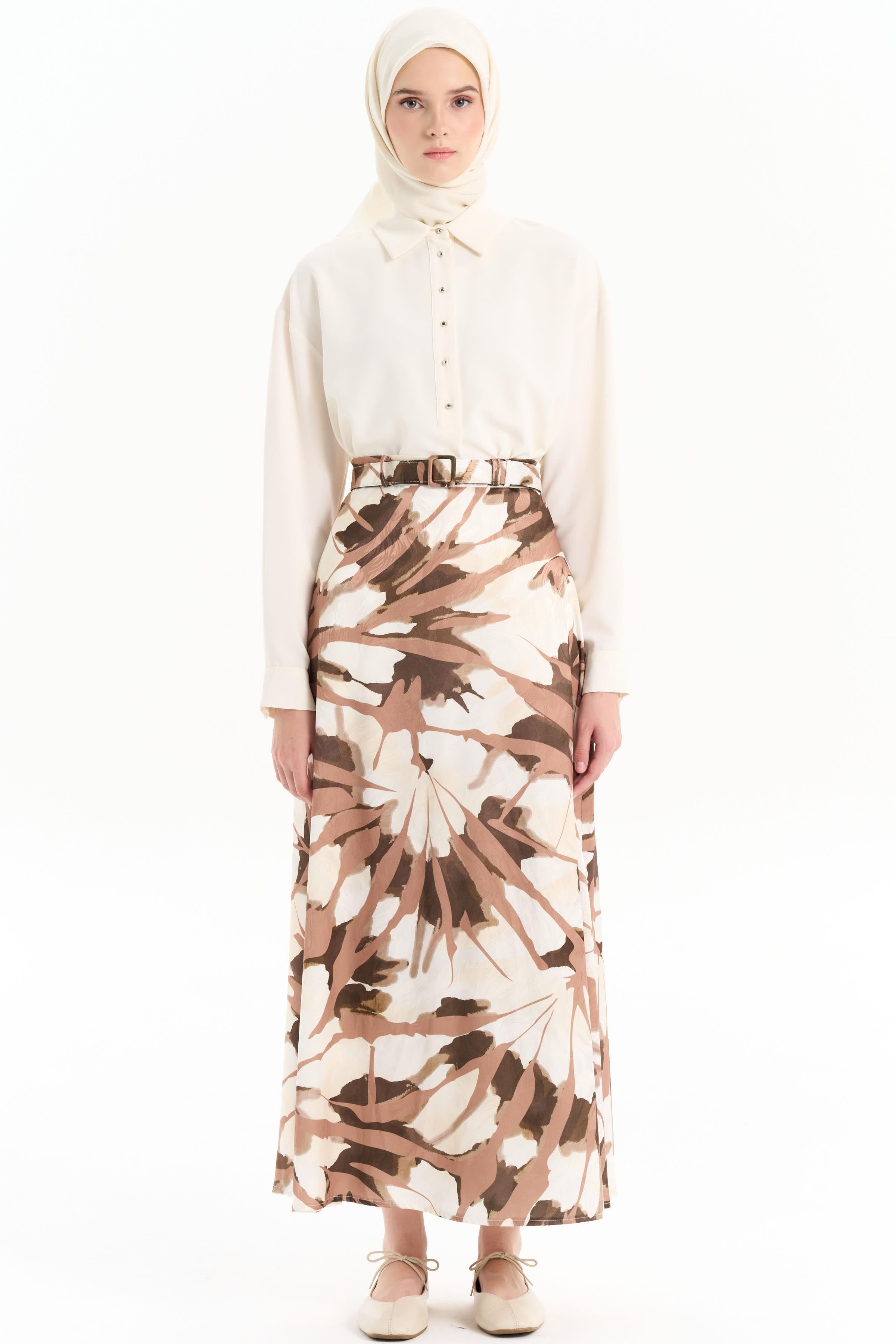 Kemerli Desenli Godeli Etek - Kahve TUGBA