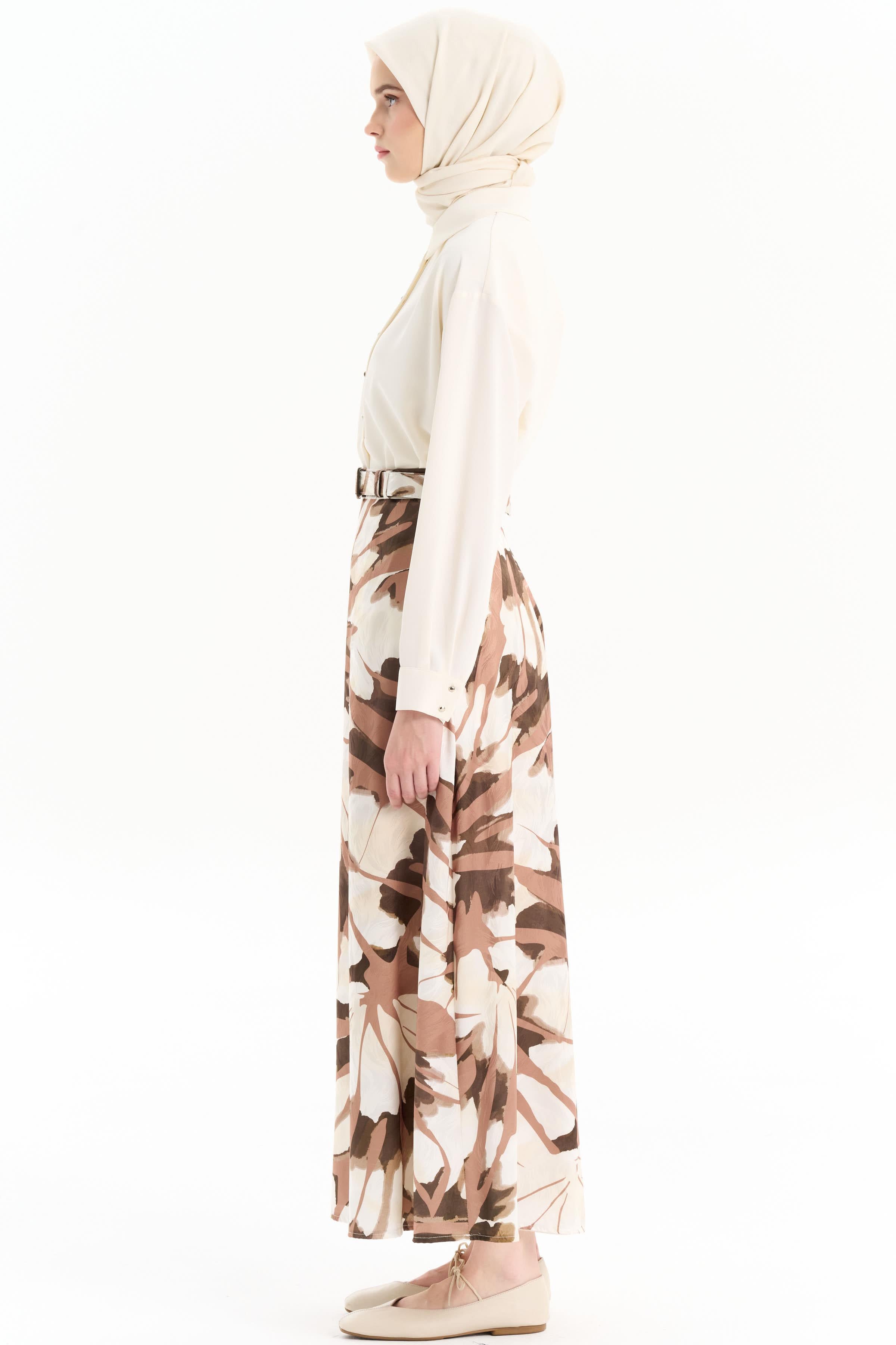 Kemerli Desenli Godeli Etek - Kahve TUGBA