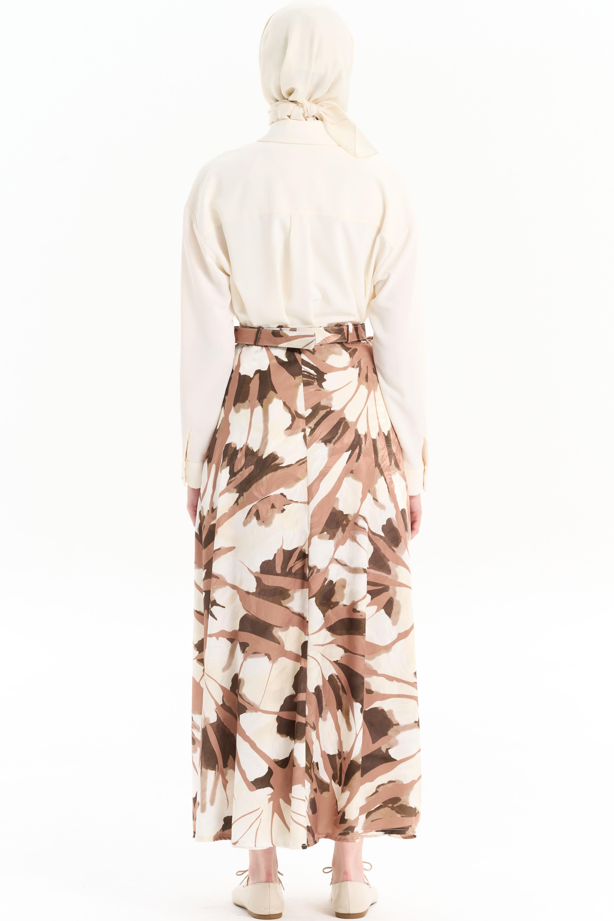 Kemerli Desenli Godeli Etek - Kahve TUGBA