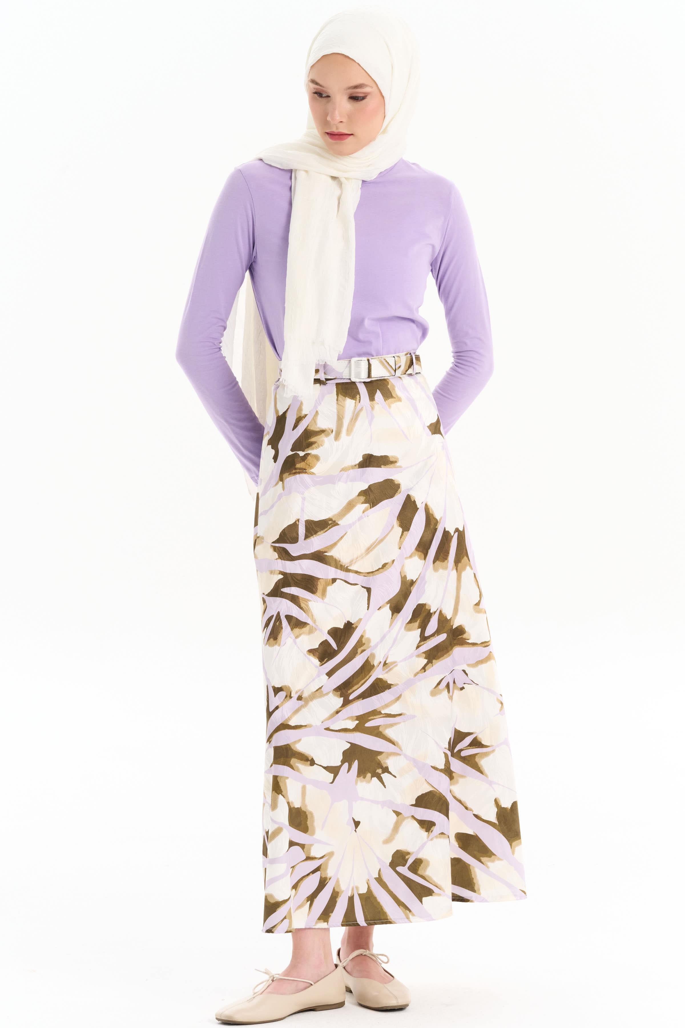 Kemerli Desenli Godeli Etek - Lila TUGBA