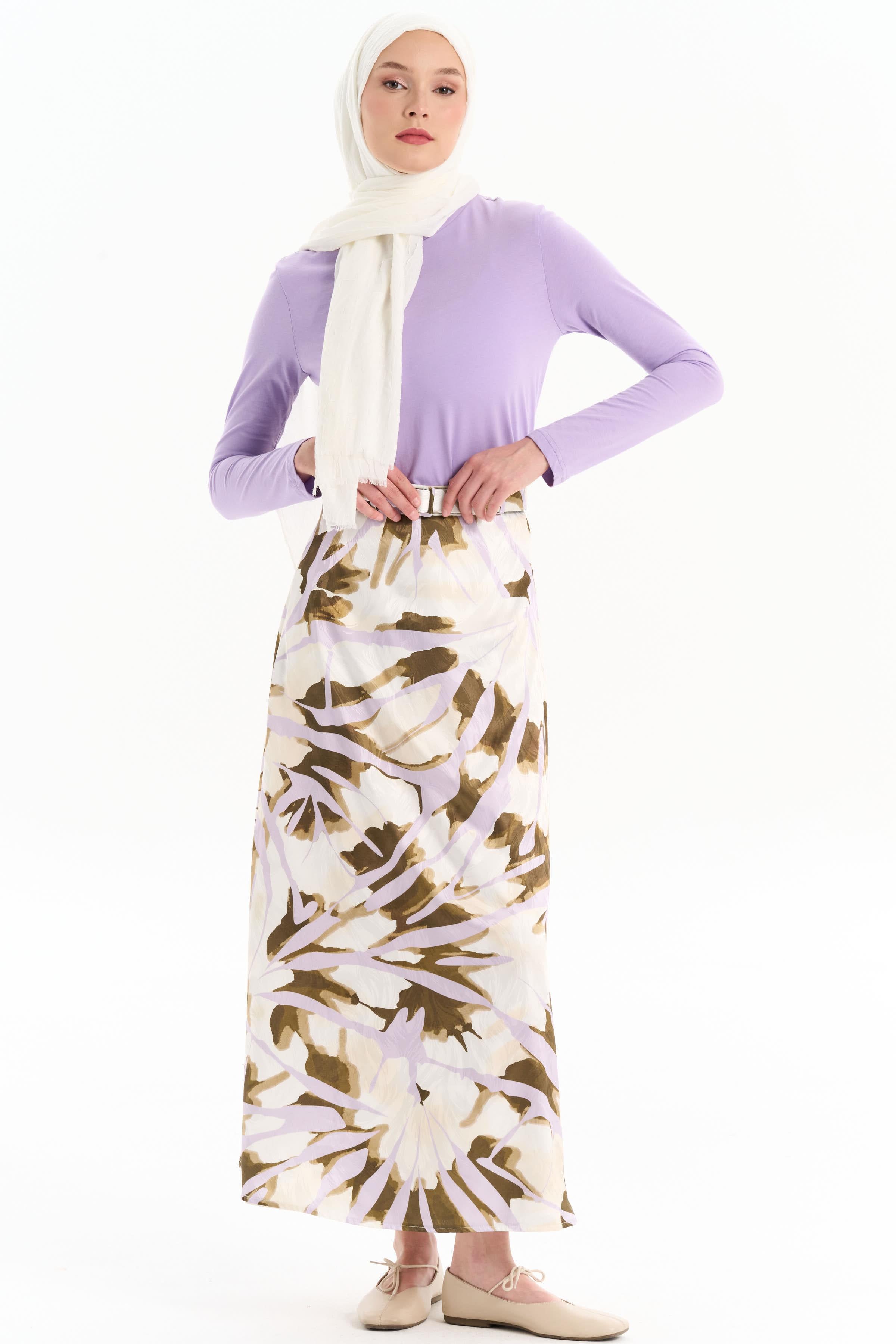 Kemerli Desenli Godeli Etek - Lila TUGBA