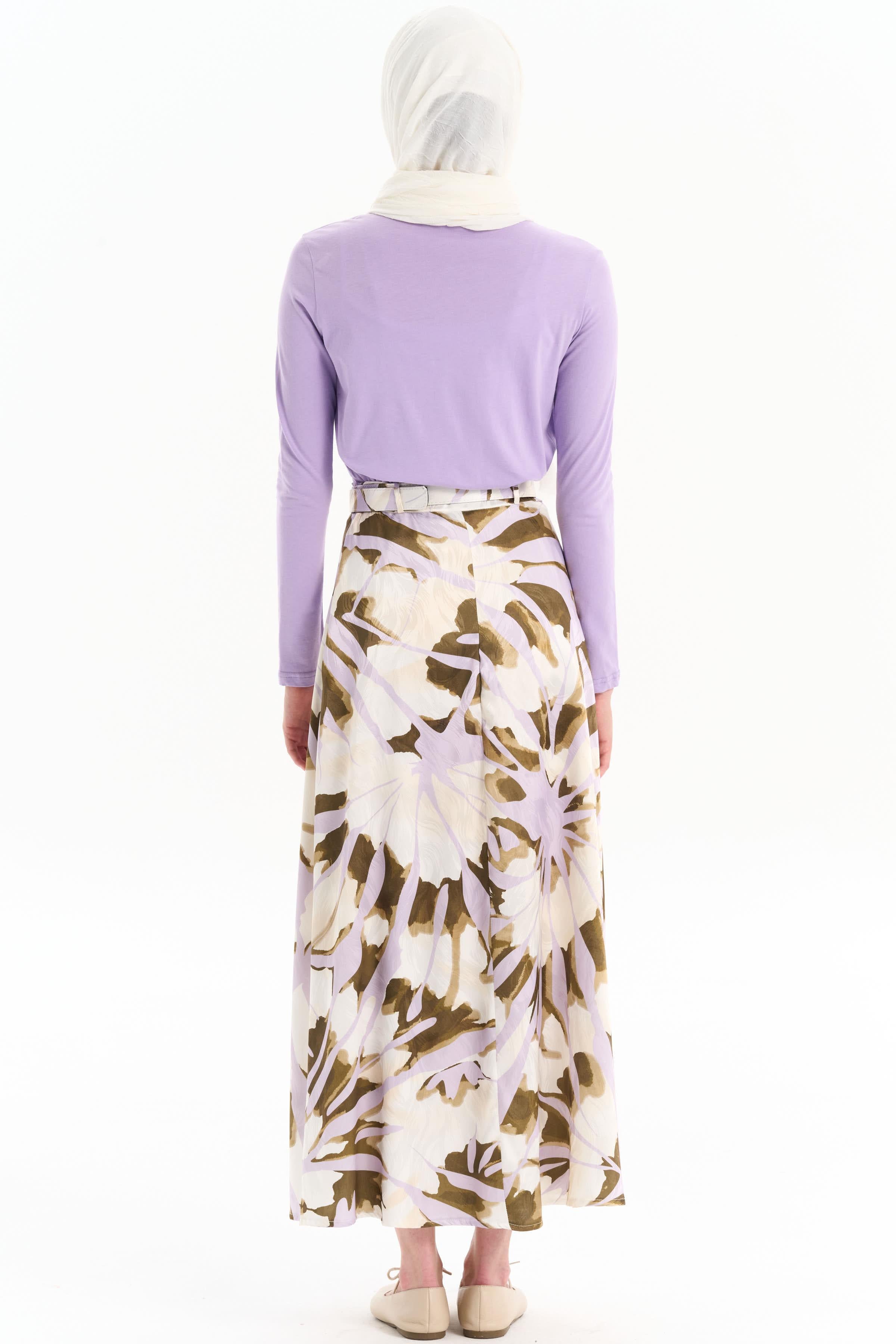 Kemerli Desenli Godeli Etek - Lila TUGBA