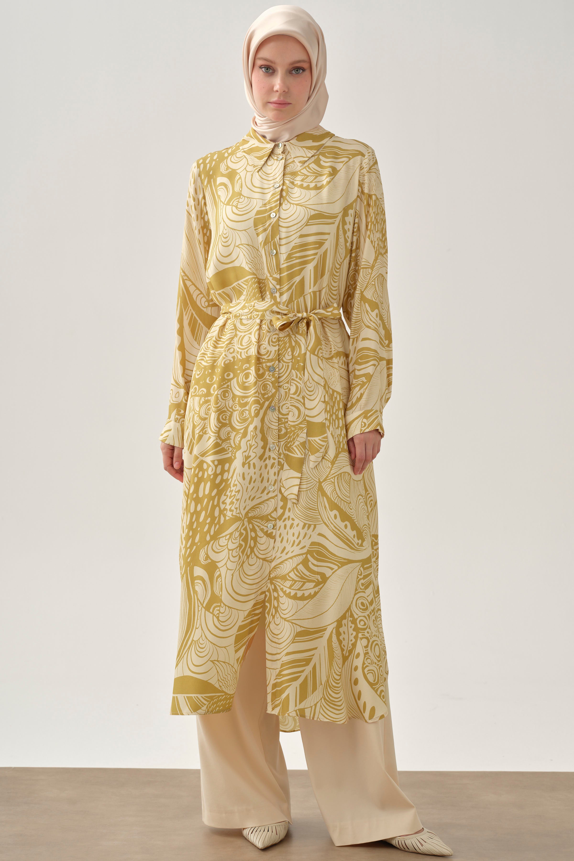 Kemerli Desenli Uzun Tunik - Safran TUGBA