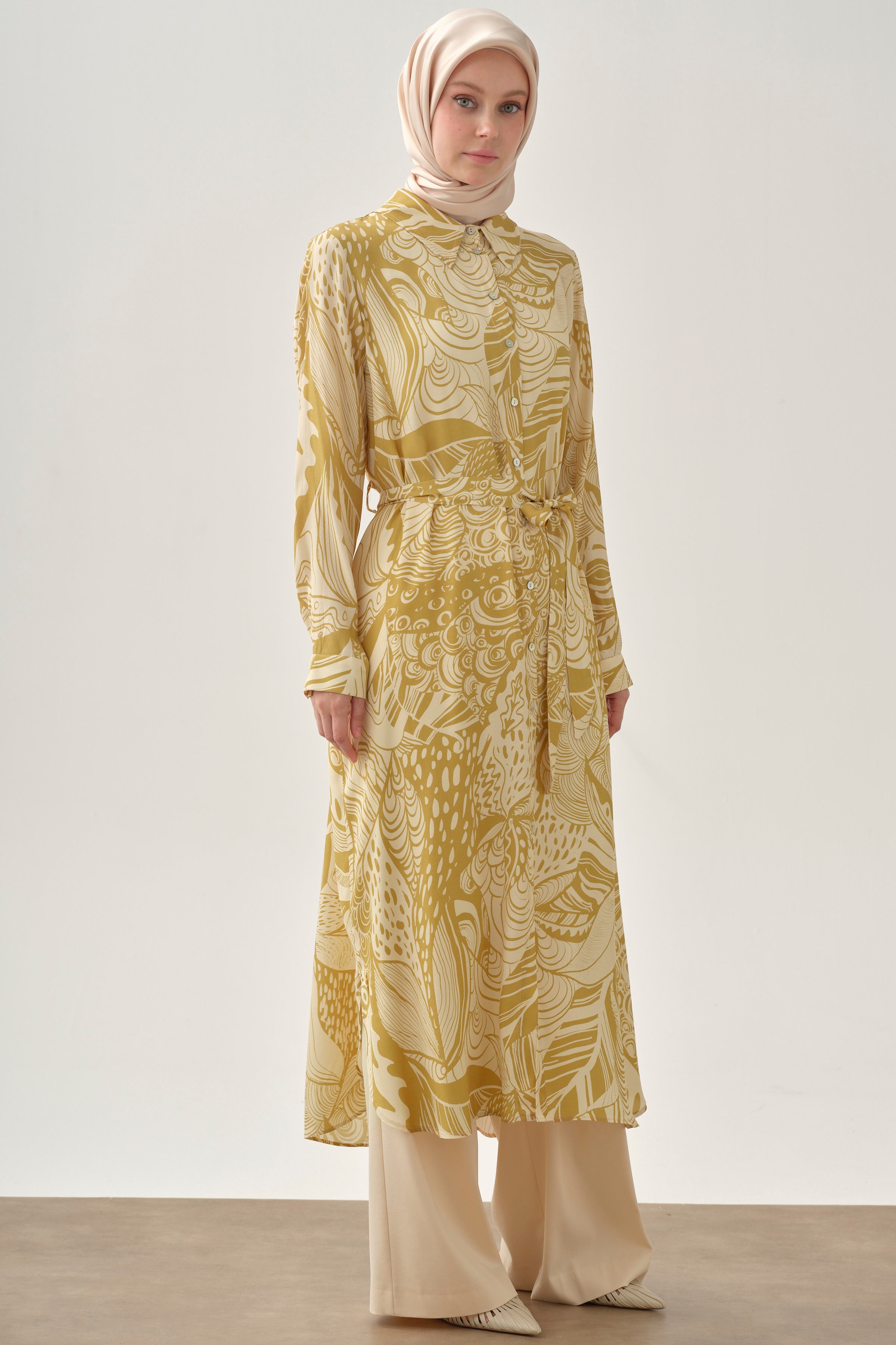 Kemerli Desenli Uzun Tunik - Safran TUGBA