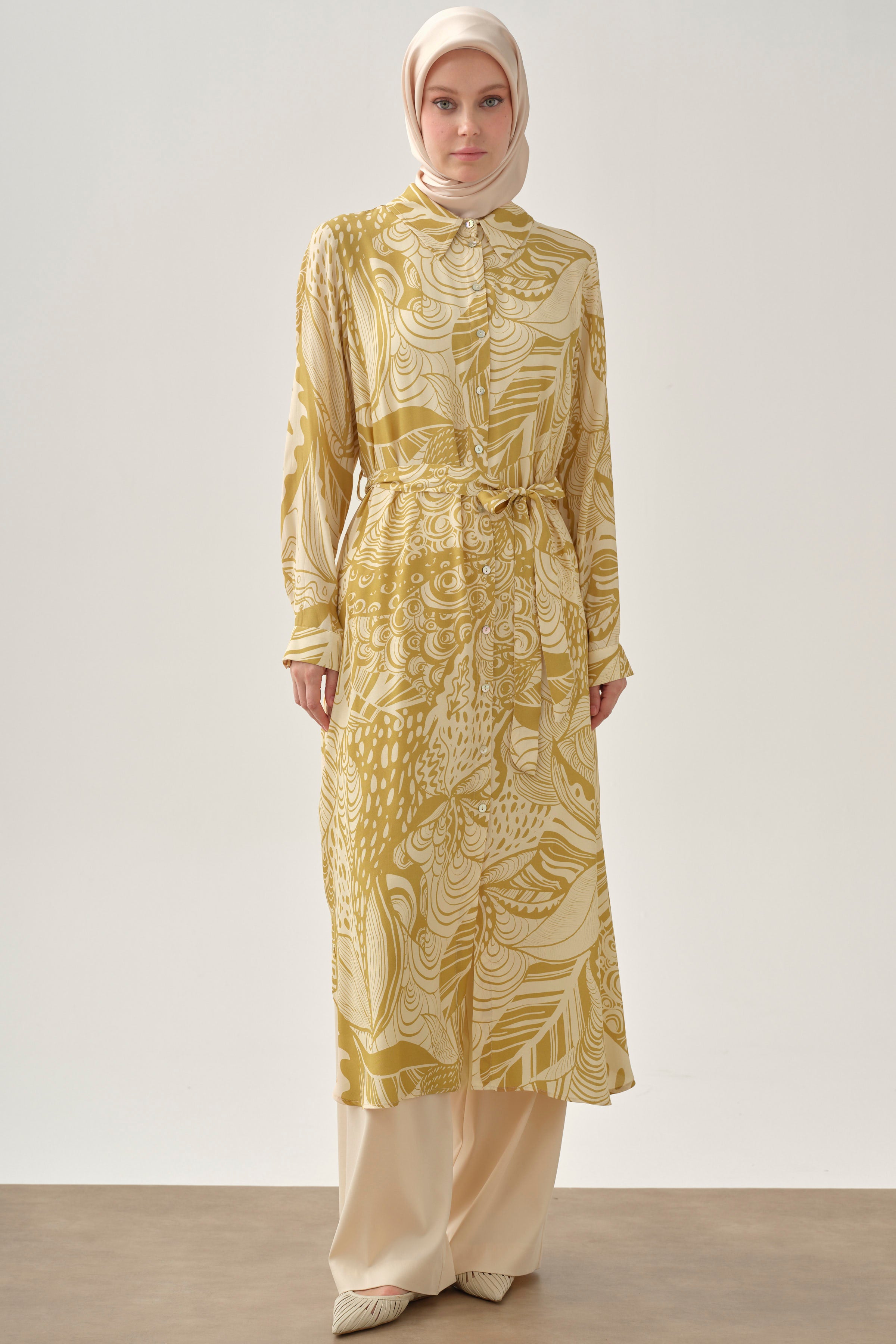 Kemerli Desenli Uzun Tunik - Safran TUGBA