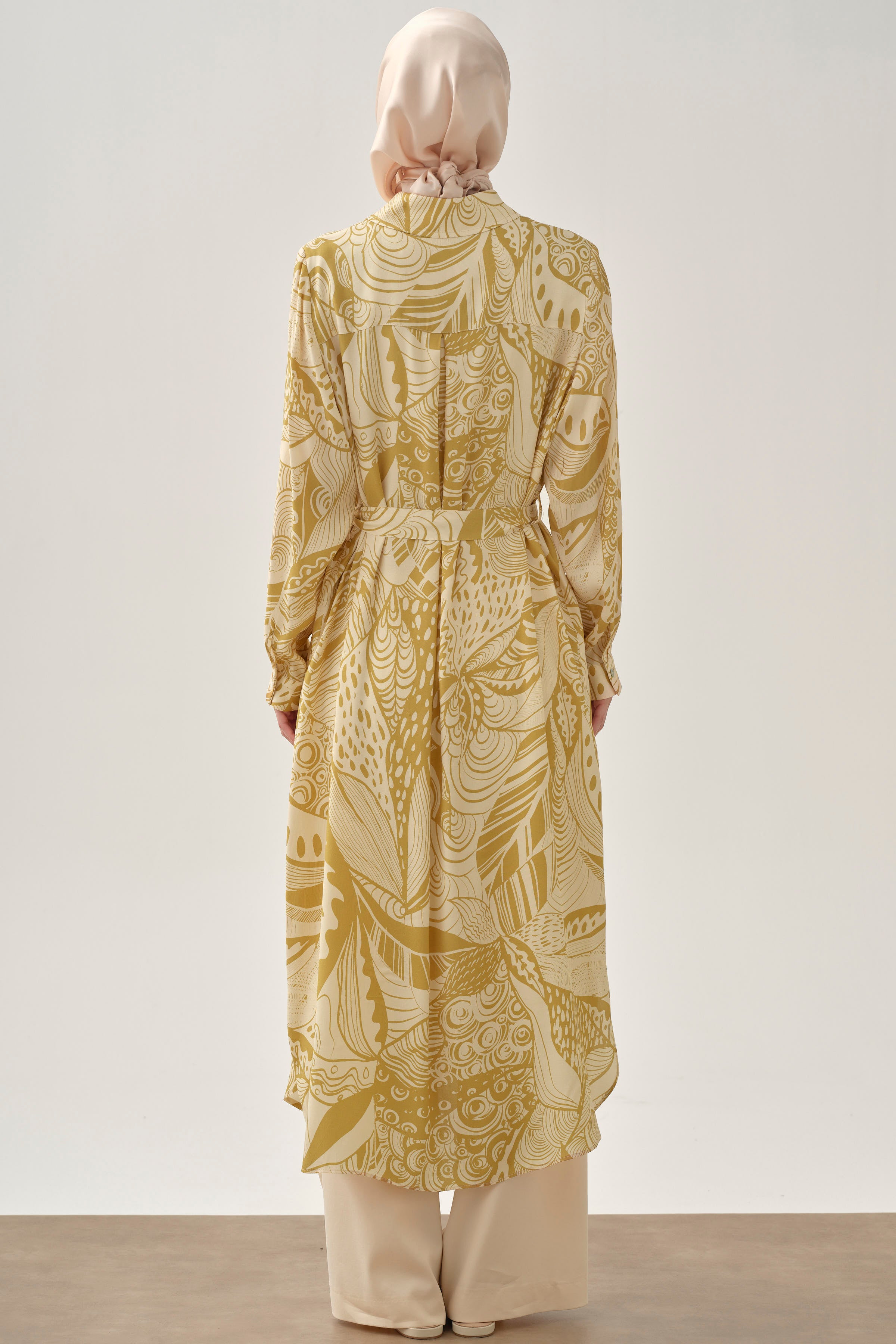 Kemerli Desenli Uzun Tunik - Safran TUGBA