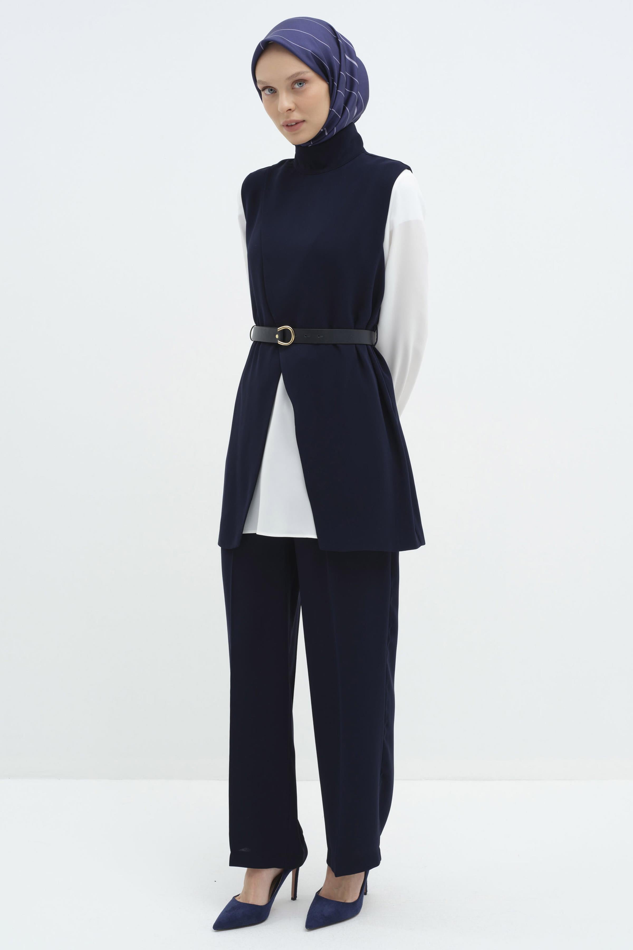 Kemerli Detaylı Üçlü Takım - Lacivert TUGBA