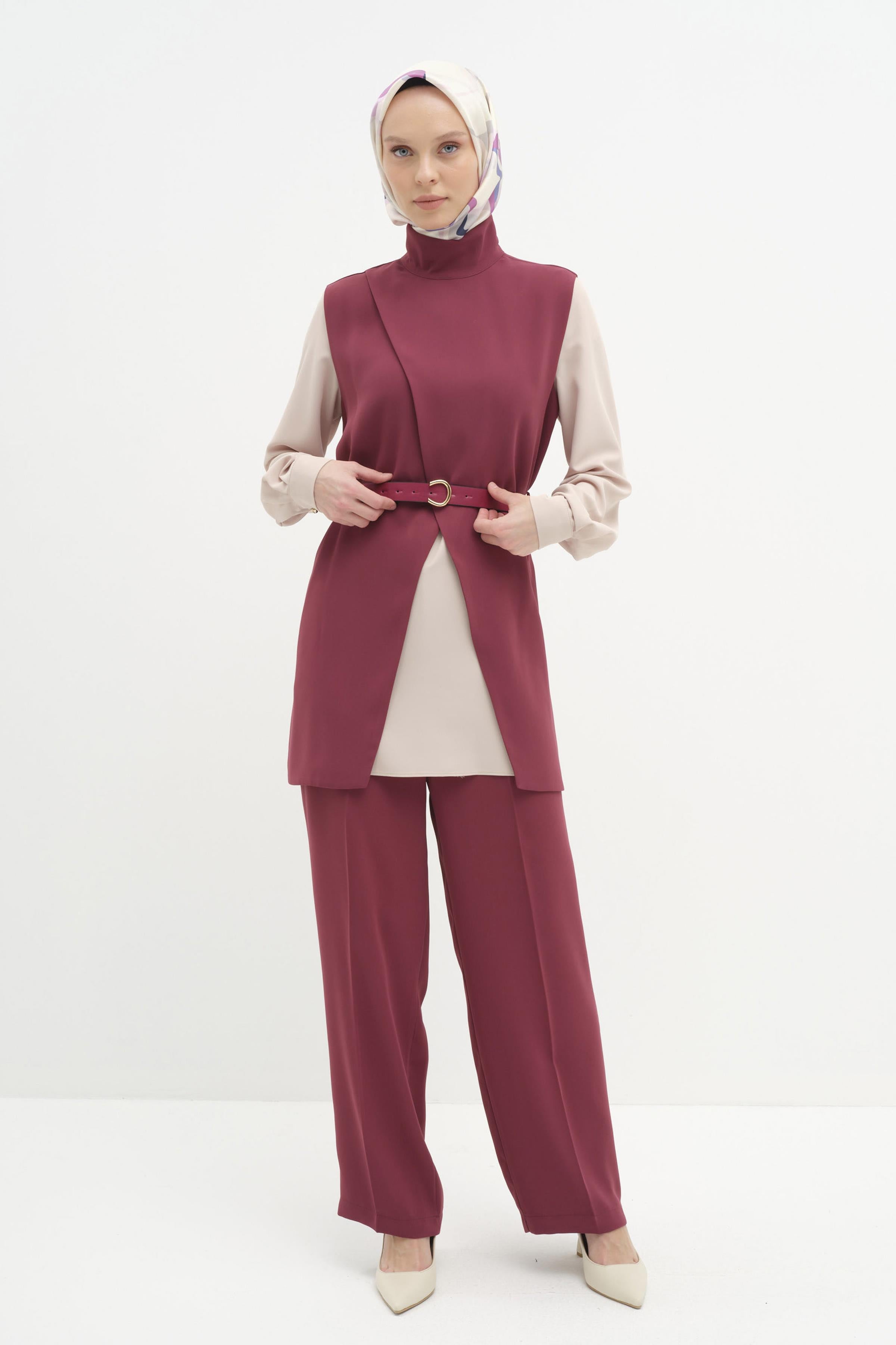 Kemerli Detaylı Üçlü Takım - Mürdüm TUGBA