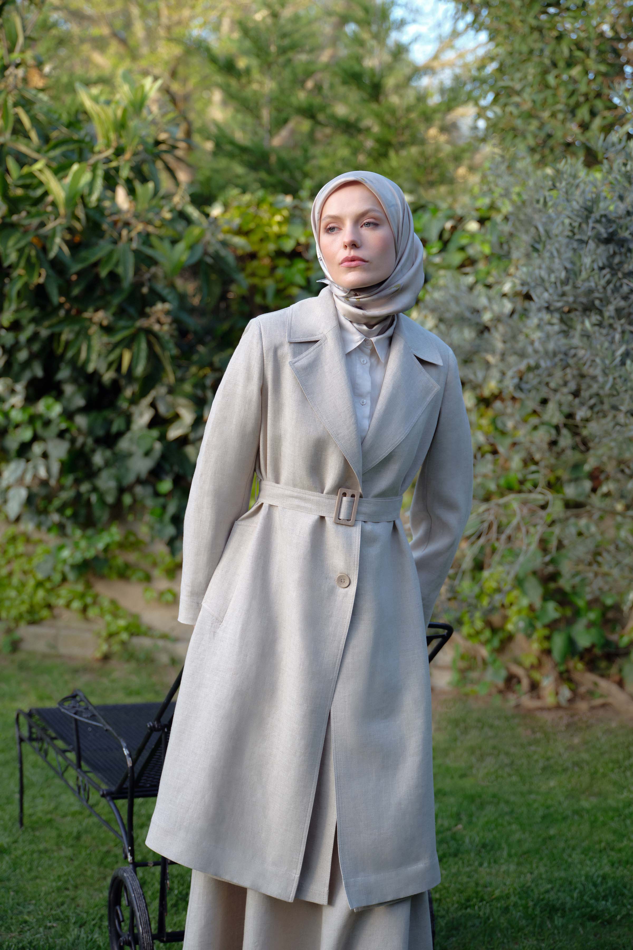 Kemerli Keten Trenç - Bej TUGBA