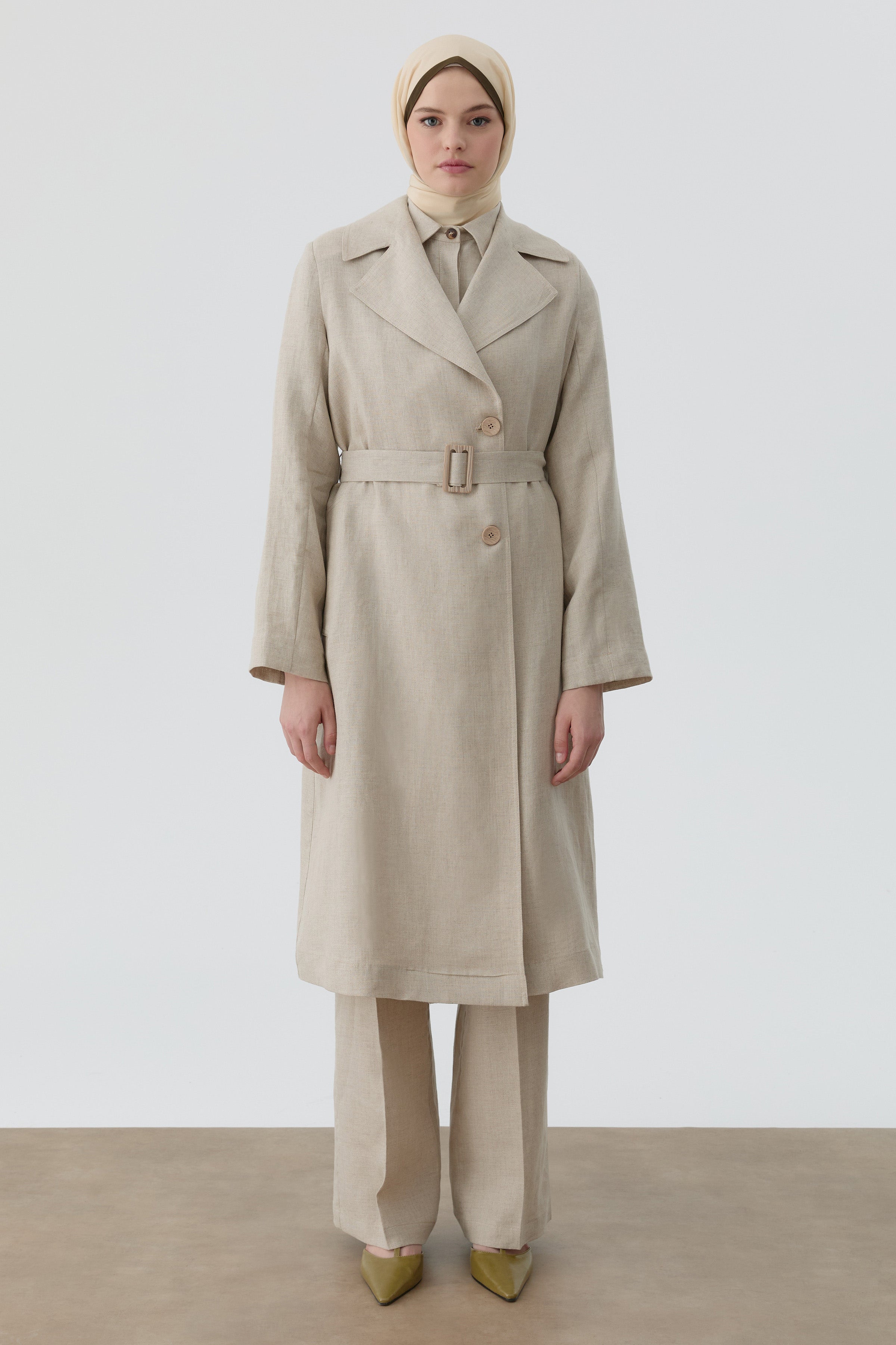 Kemerli Keten Trenç - Bej TUGBA