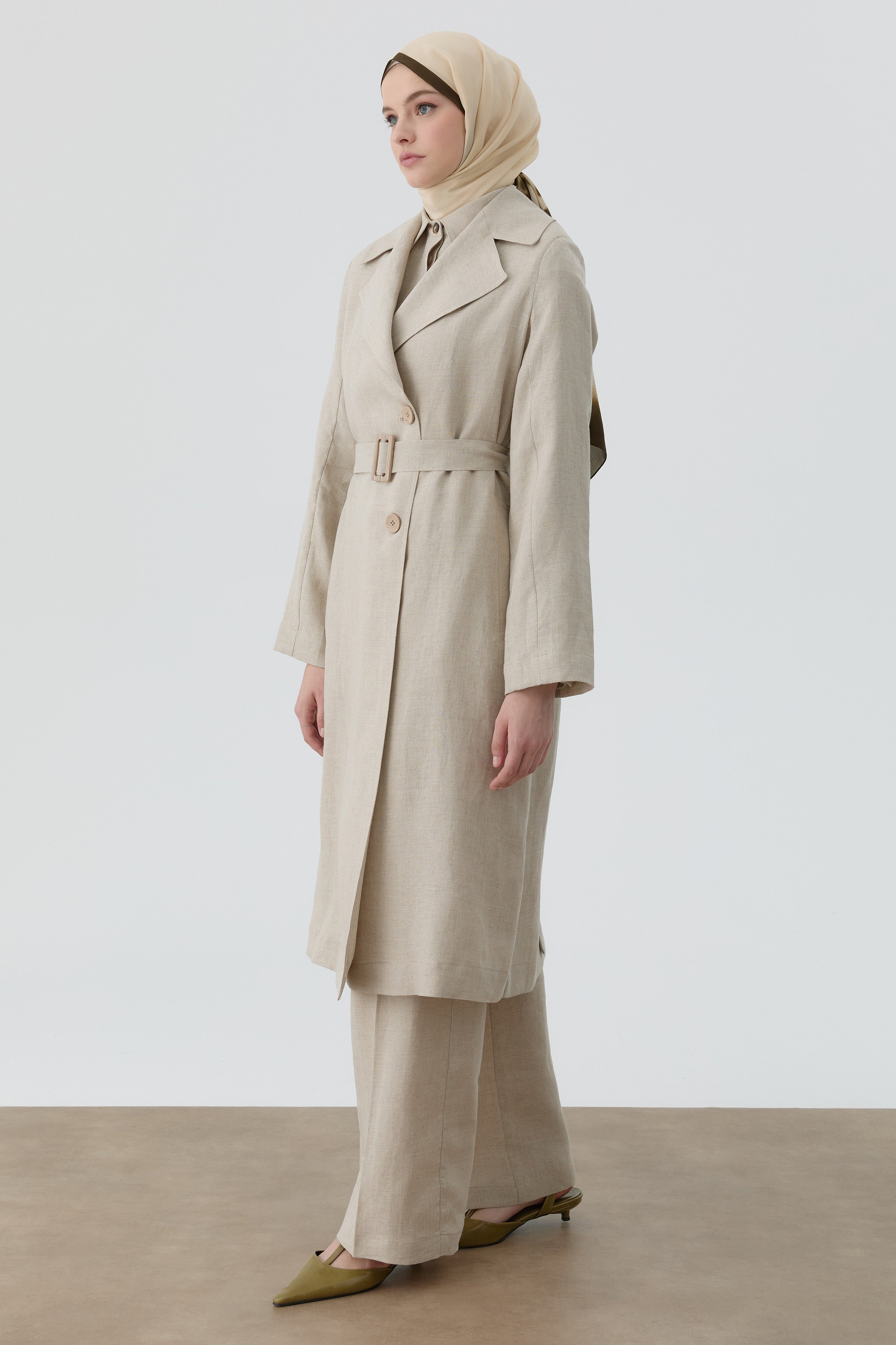 Kemerli Keten Trenç - Bej TUGBA