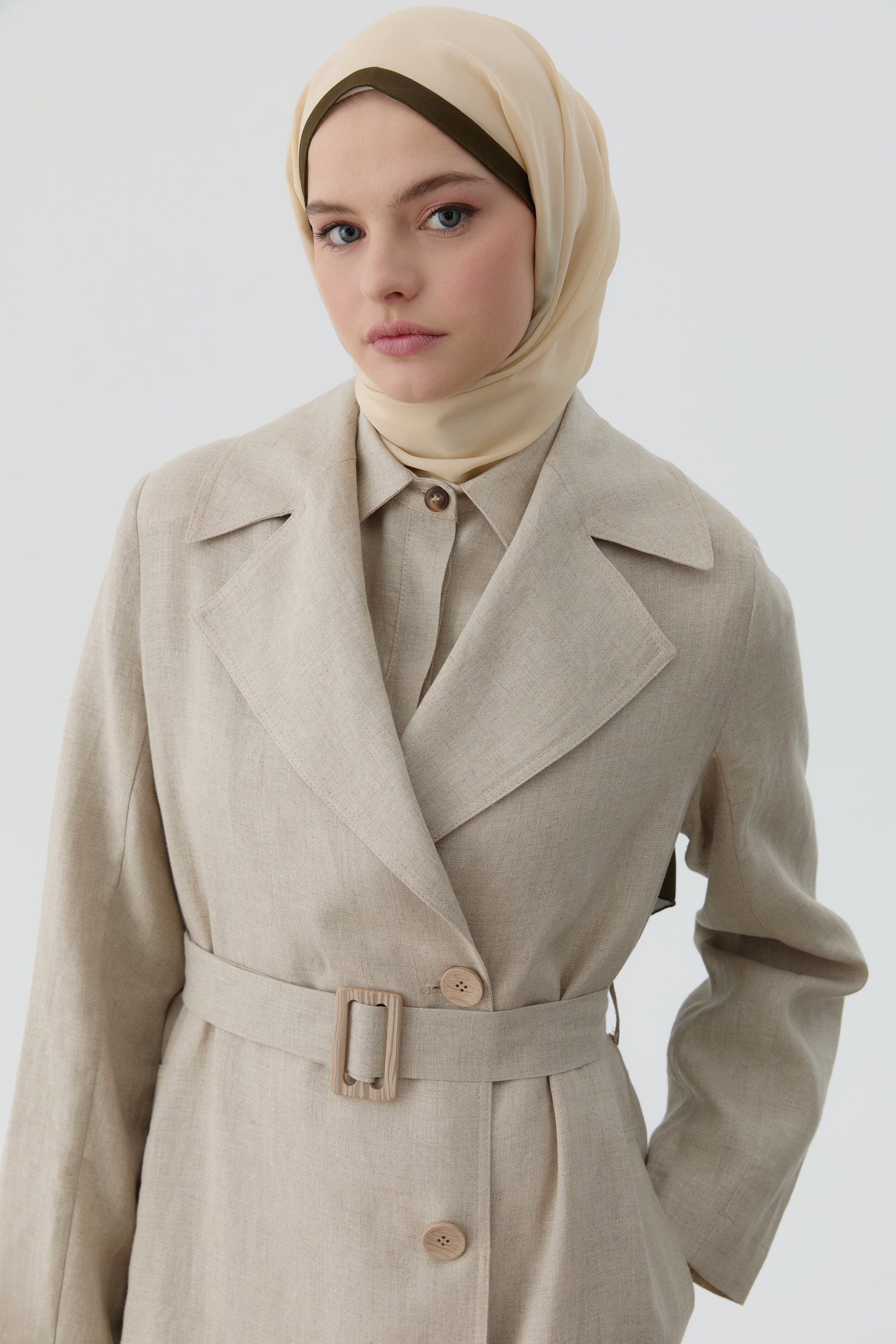 Kemerli Keten Trenç - Bej TUGBA