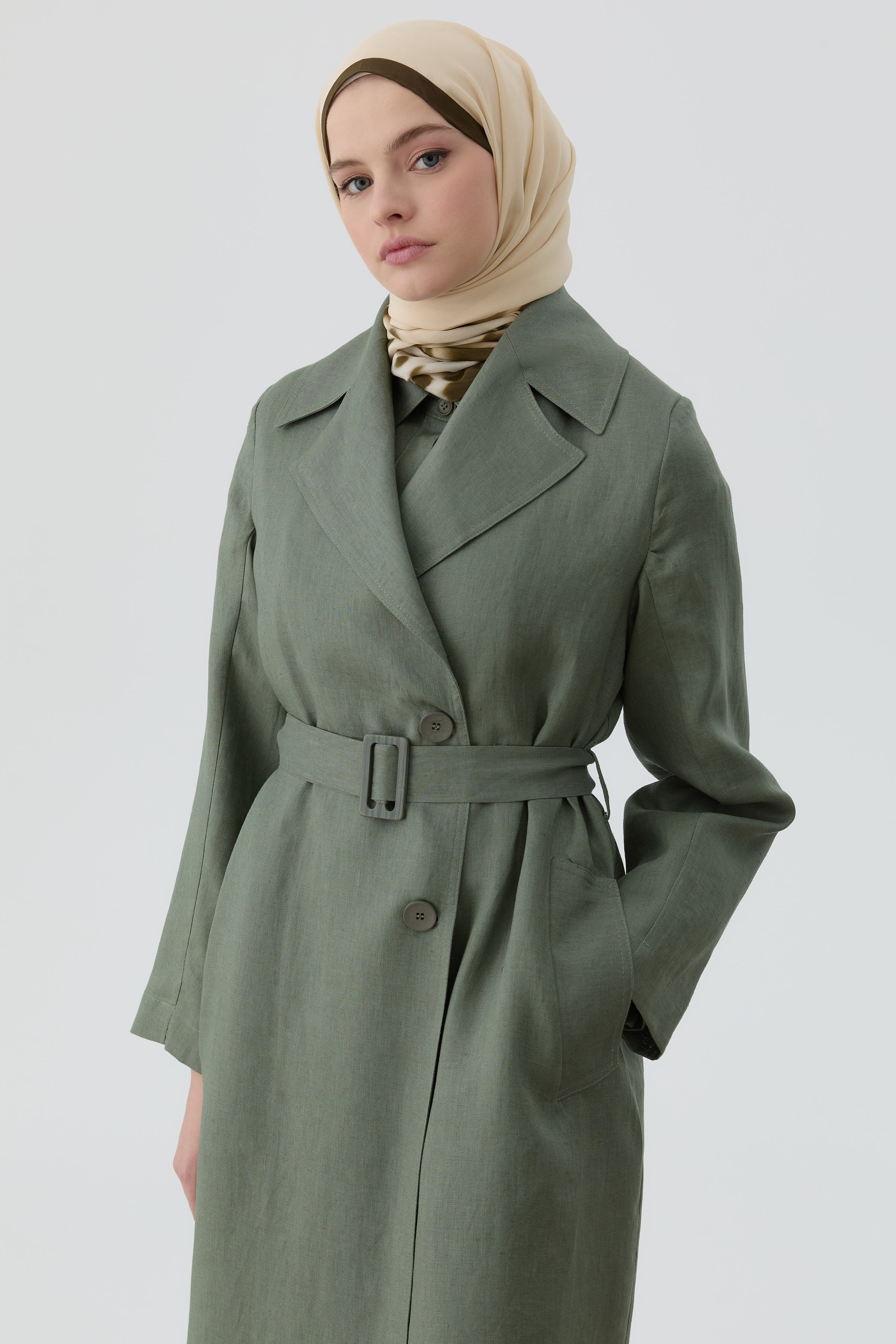 Kemerli Keten Trenç - Haki TUGBA