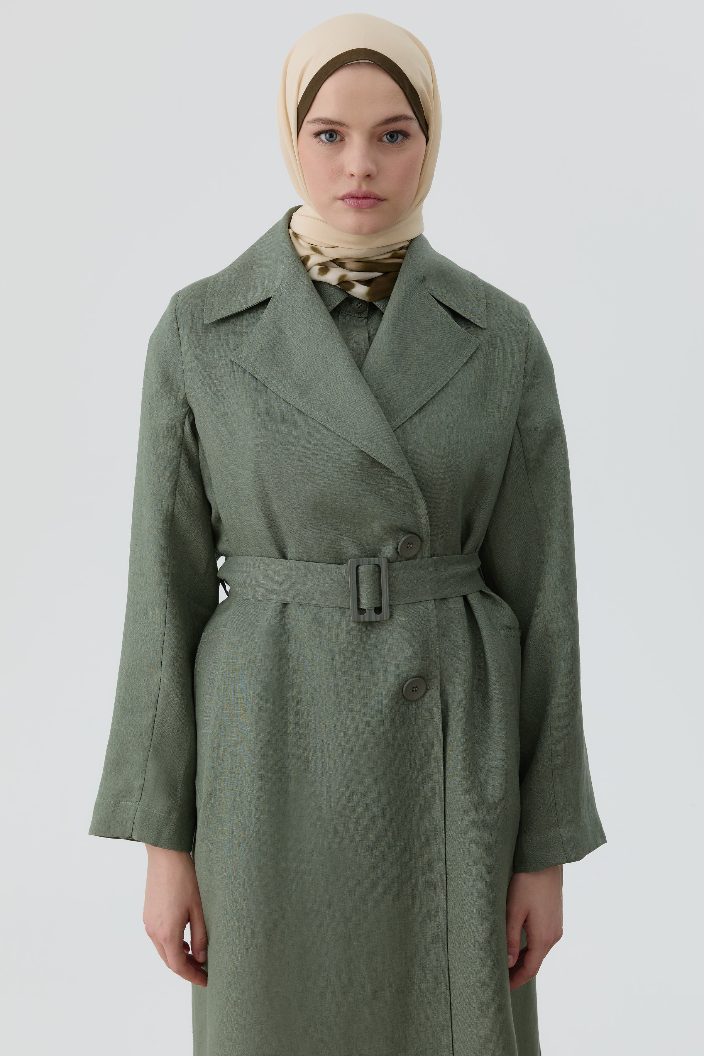 Kemerli Keten Trenç - Haki TUGBA