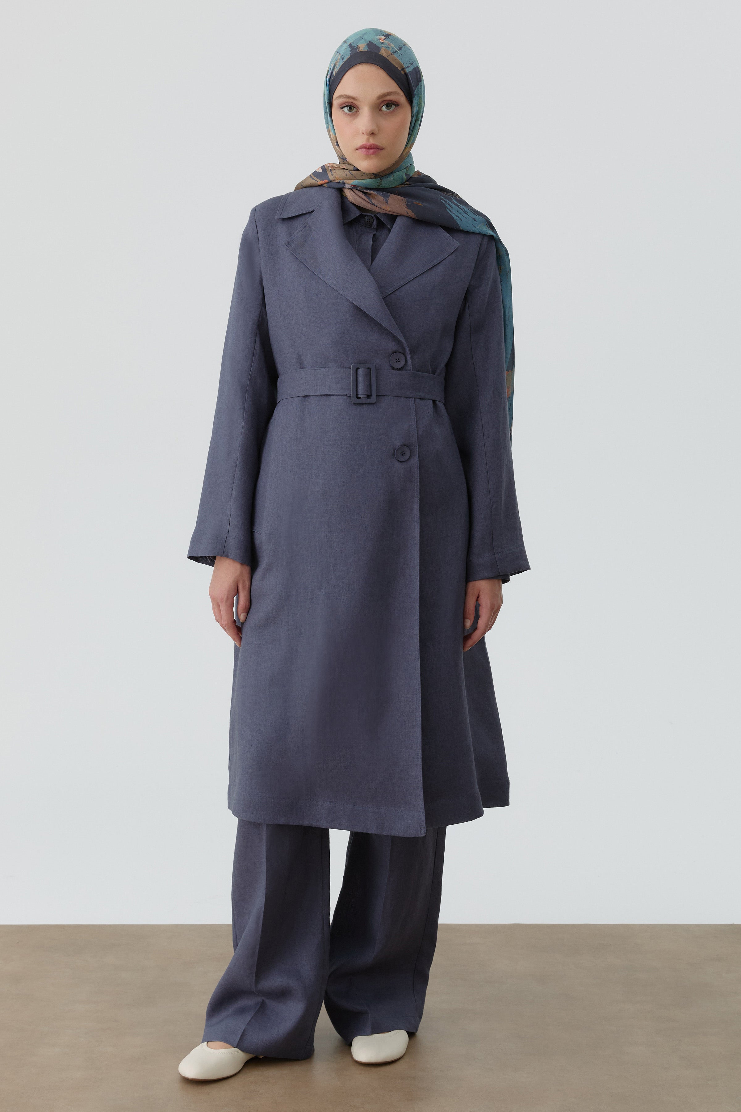 Kemerli Keten Trenç - İndigo TUGBA